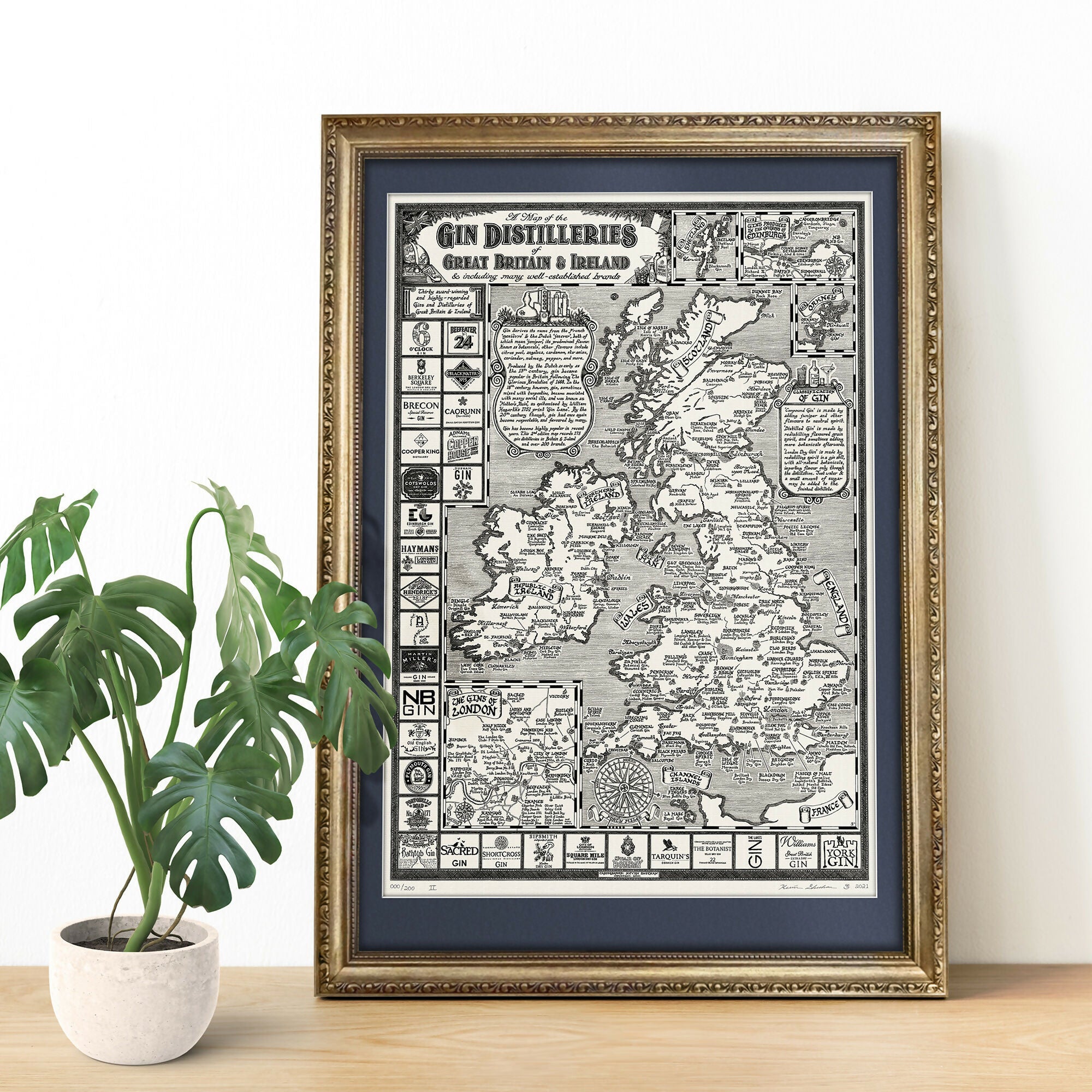 Gins of Britain & Ireland Map Hand Drawn Art Print