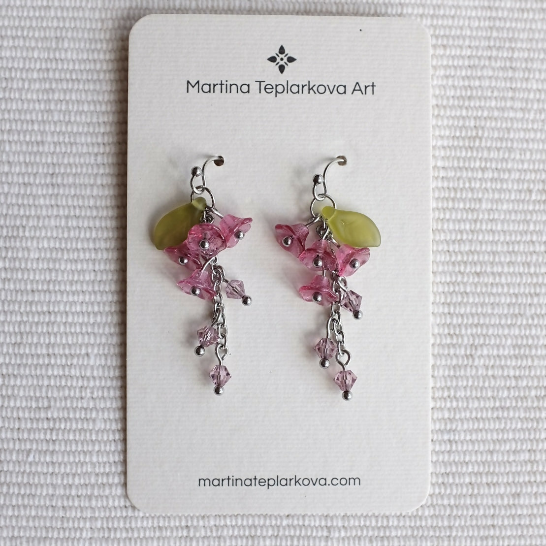 Pink Blossom Earrings with Leaves