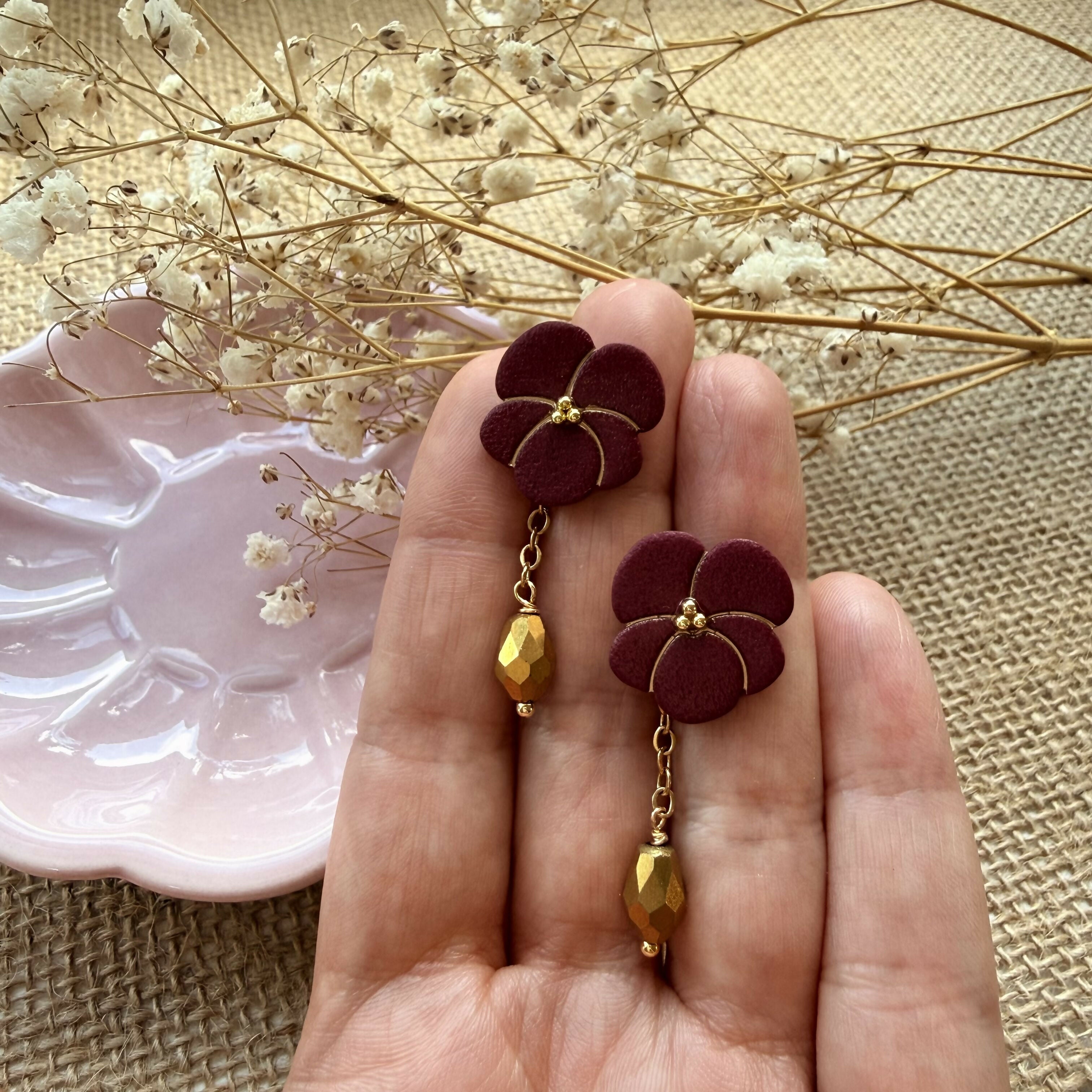Burgundy Flower Drop Earrings with Gold Chain and Crystal Bead