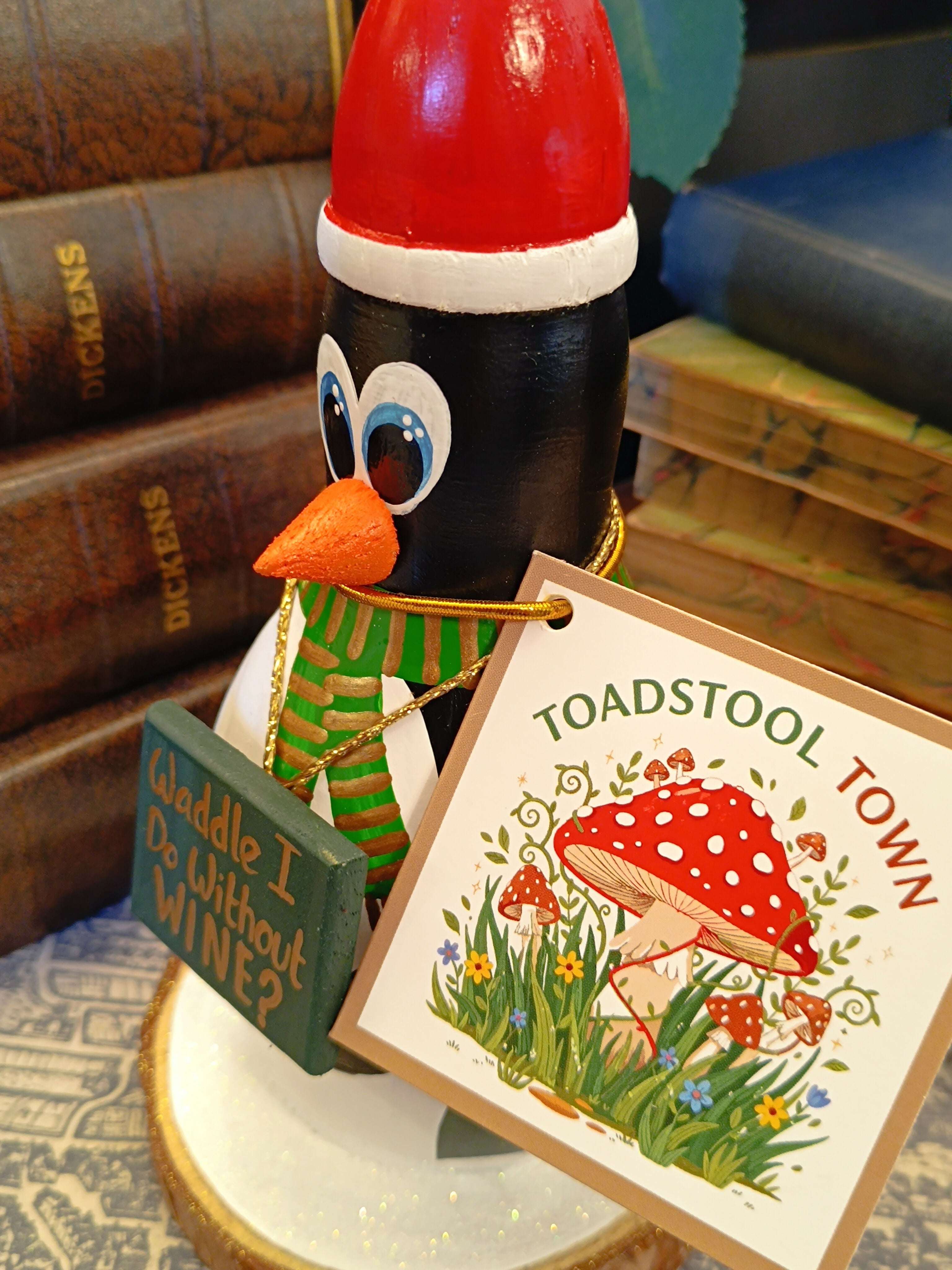 Handmade Wooden Holiday Penguin Figurine - "Waddle I Do Without Wine?"