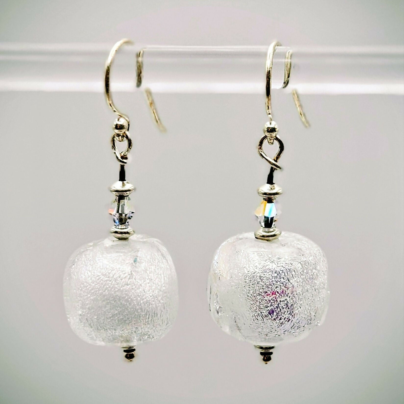 HAND LAMPWORKED GLASS CUBE EARRINGS, WITH DICHROIC GLASS,STERLING SILVER AND SWAROVSKI CRYSTALS.