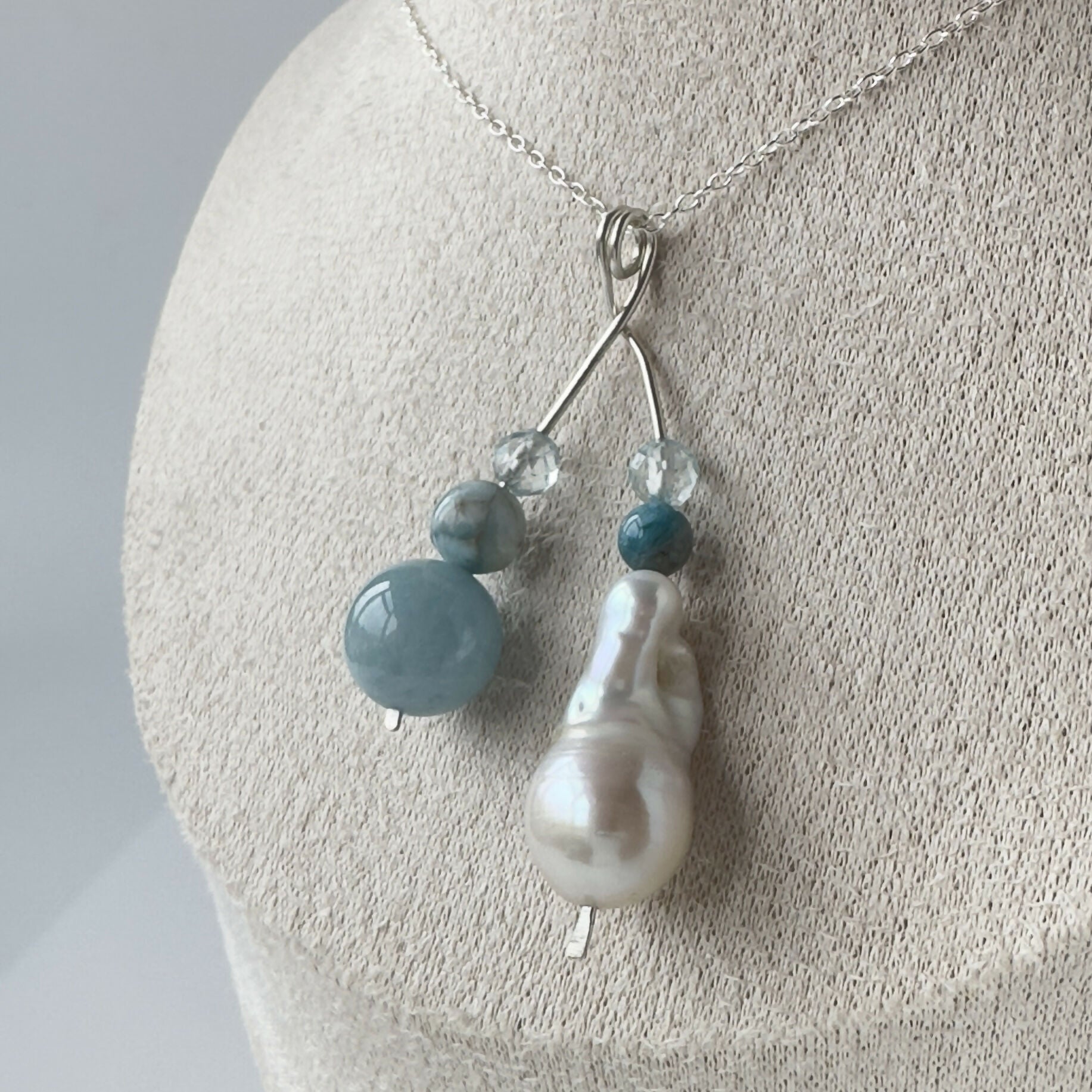 HEALING CRYSTAL & STERLING SILVER THROAT CHAKRA PENDANT WITH BAROQUE PEARL & 18” CHAIN