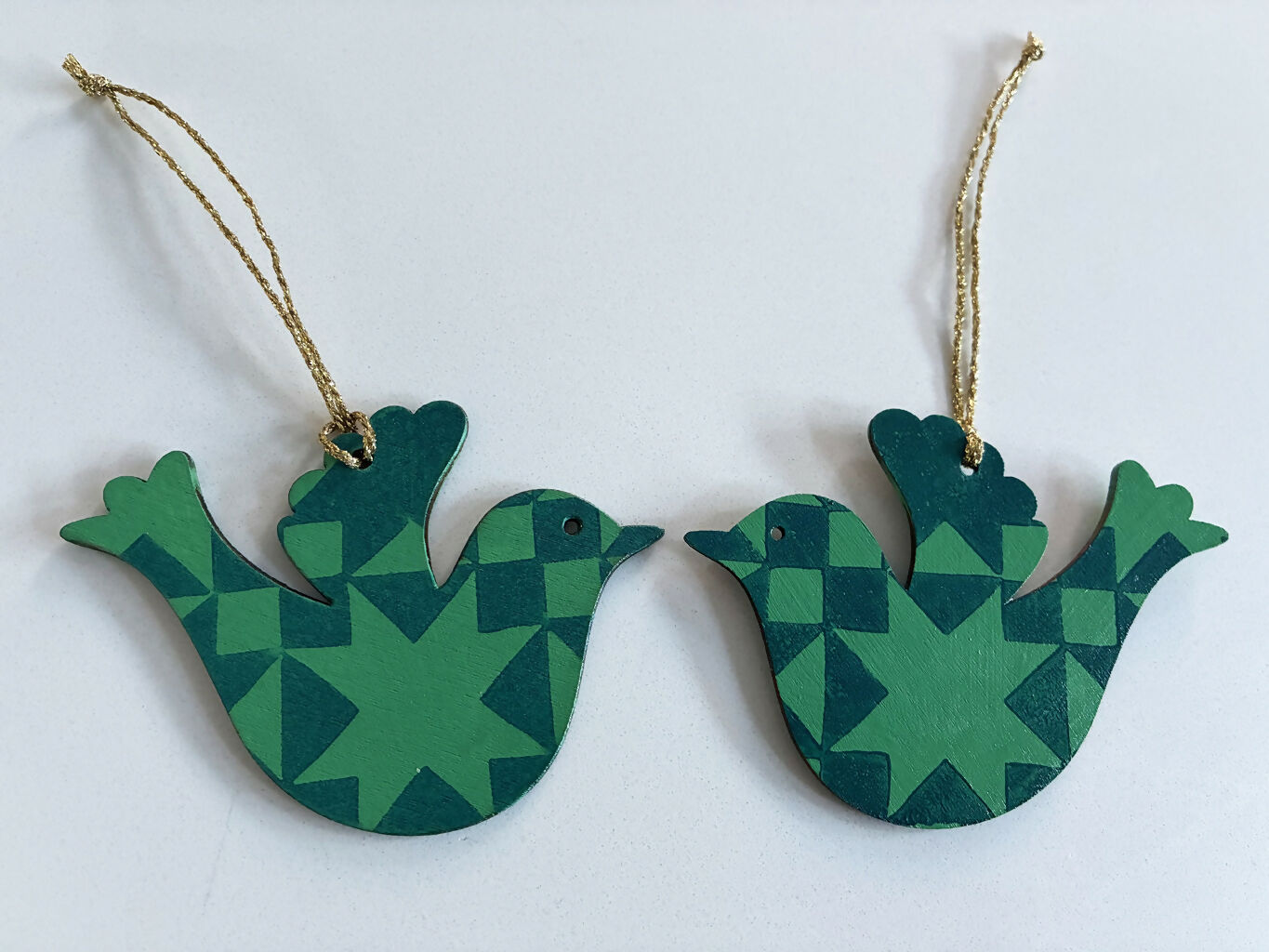 Hand-printed Green and Blue Wooden Bird Hanging Decoration.