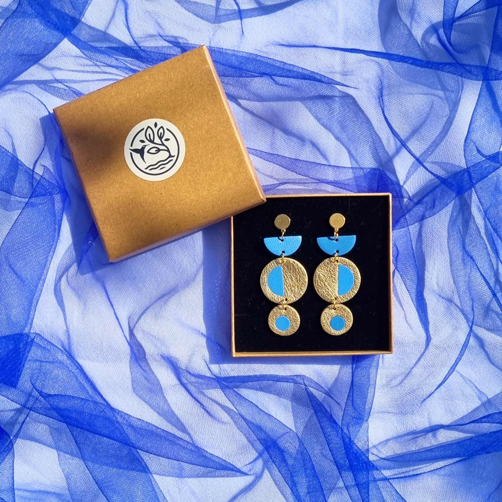 Three Tiered Gold and Blue Inlay Earrings