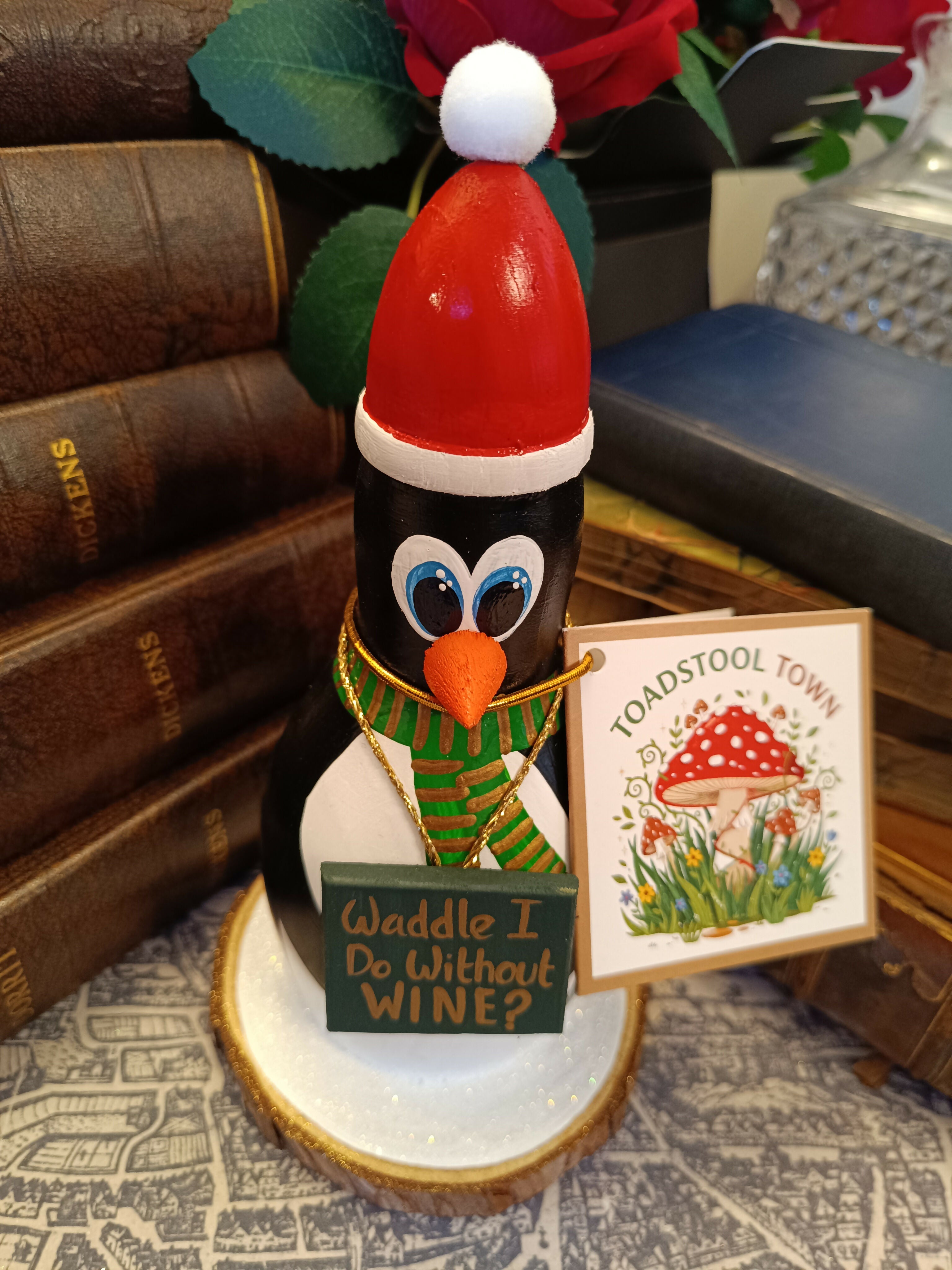 Handmade Wooden Holiday Penguin Figurine - "Waddle I Do Without Wine?"