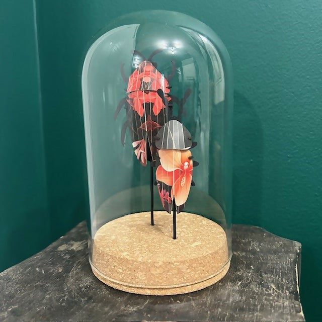 Lovely Glass Dome Featuring Two Red & Black Floral 3D Paper Beetles