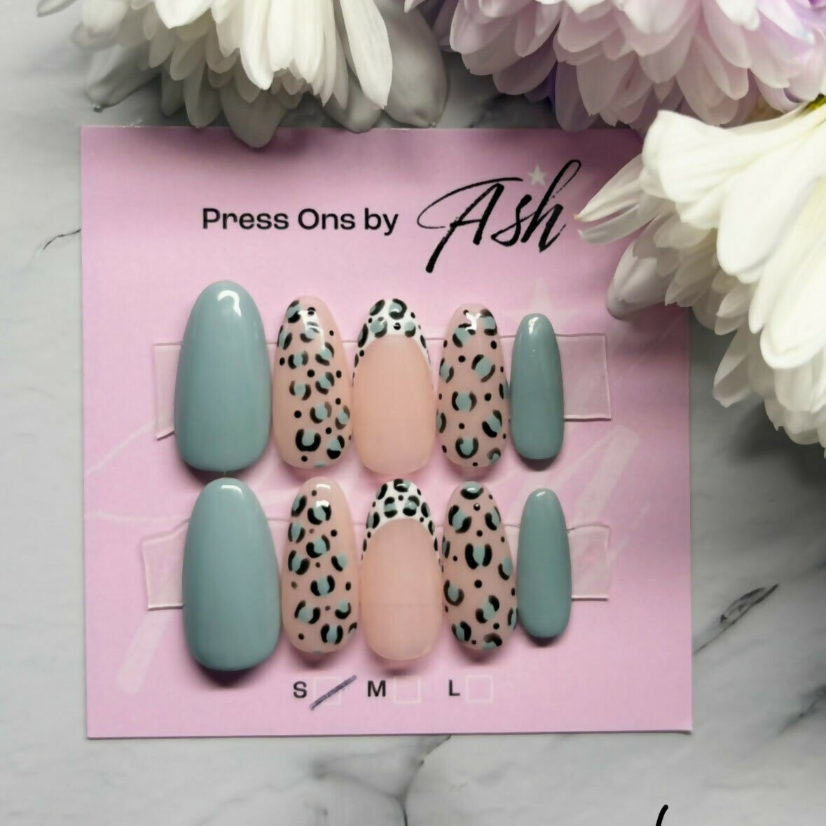 Reusable Blue Leopard Print With French Tip Handmade Press On Nails