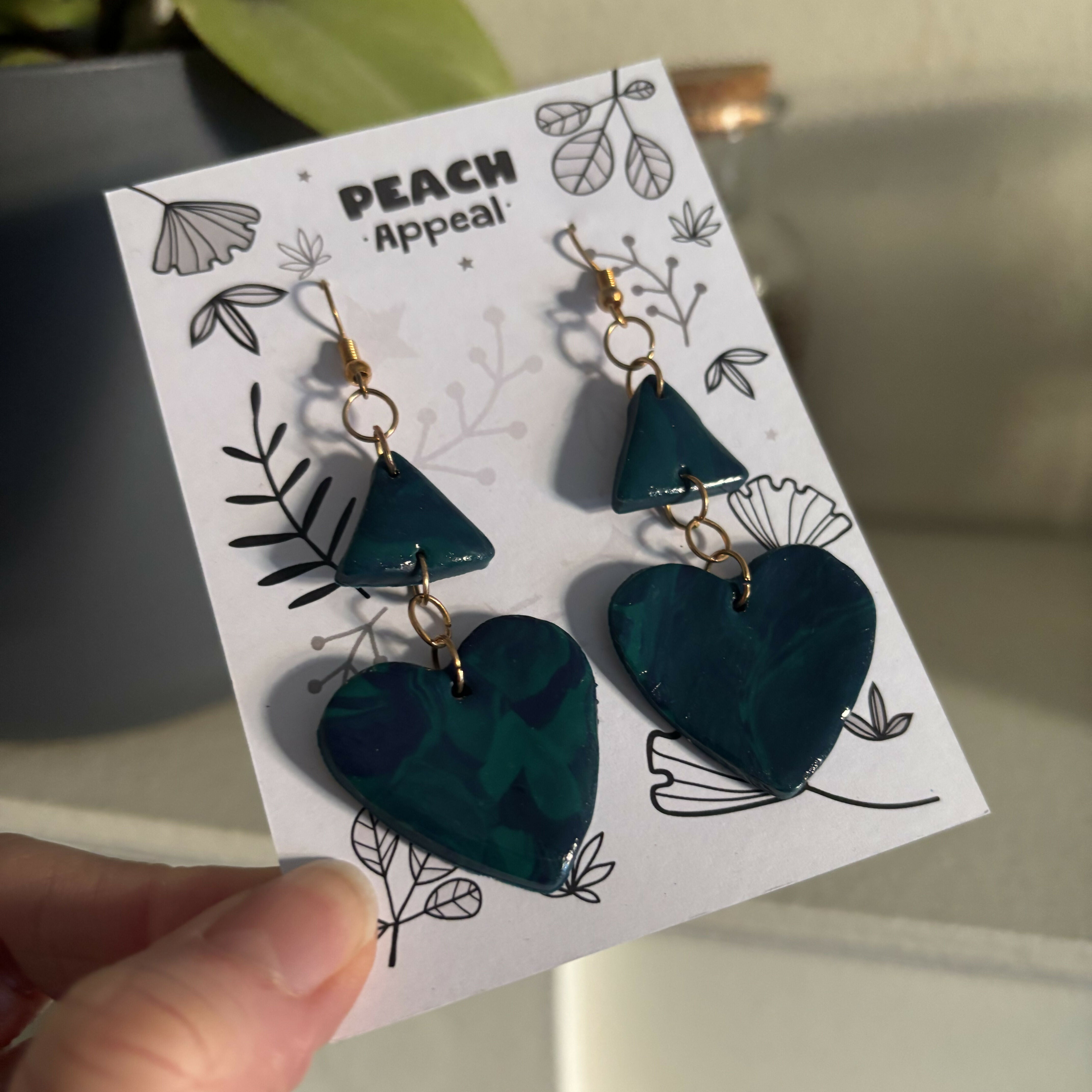 Recycled Polymer Clay Earrings - Green Triangle & Heart