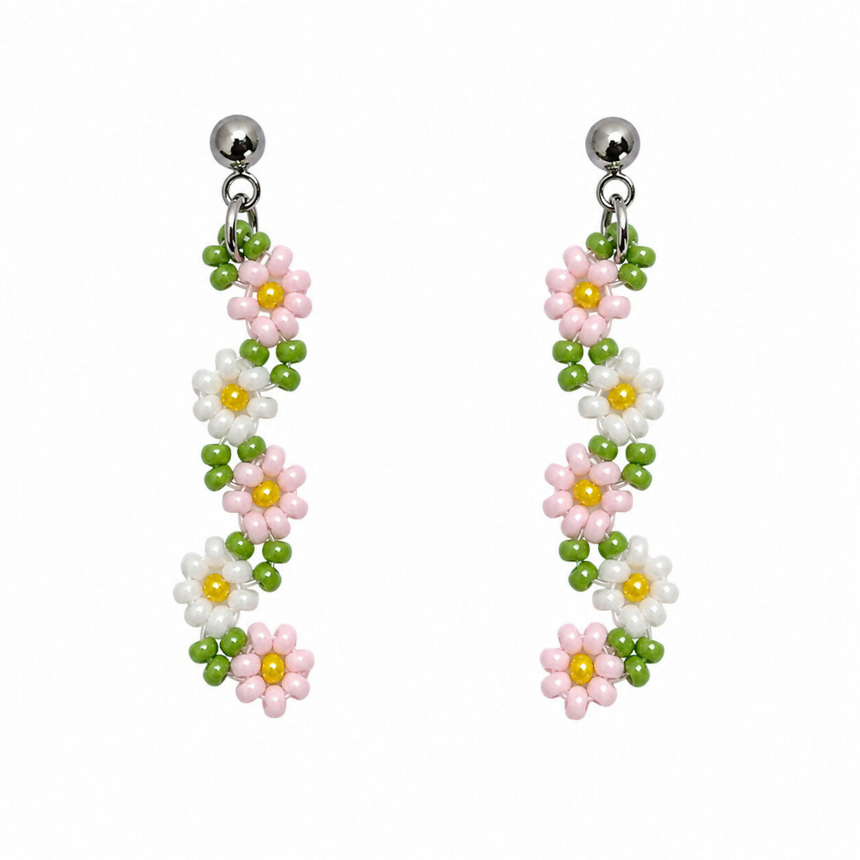 Handmade Beaded Dangle Earrings - Mediterranean Flowers, Colourful Festival Accessory