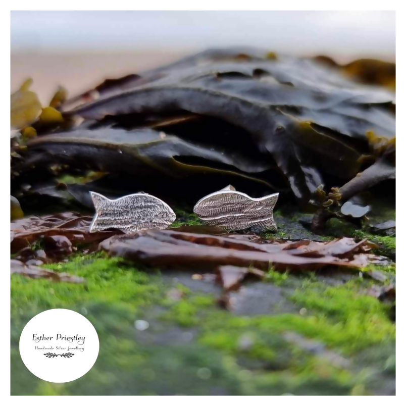 Textured Silver Fish Stud Earrings