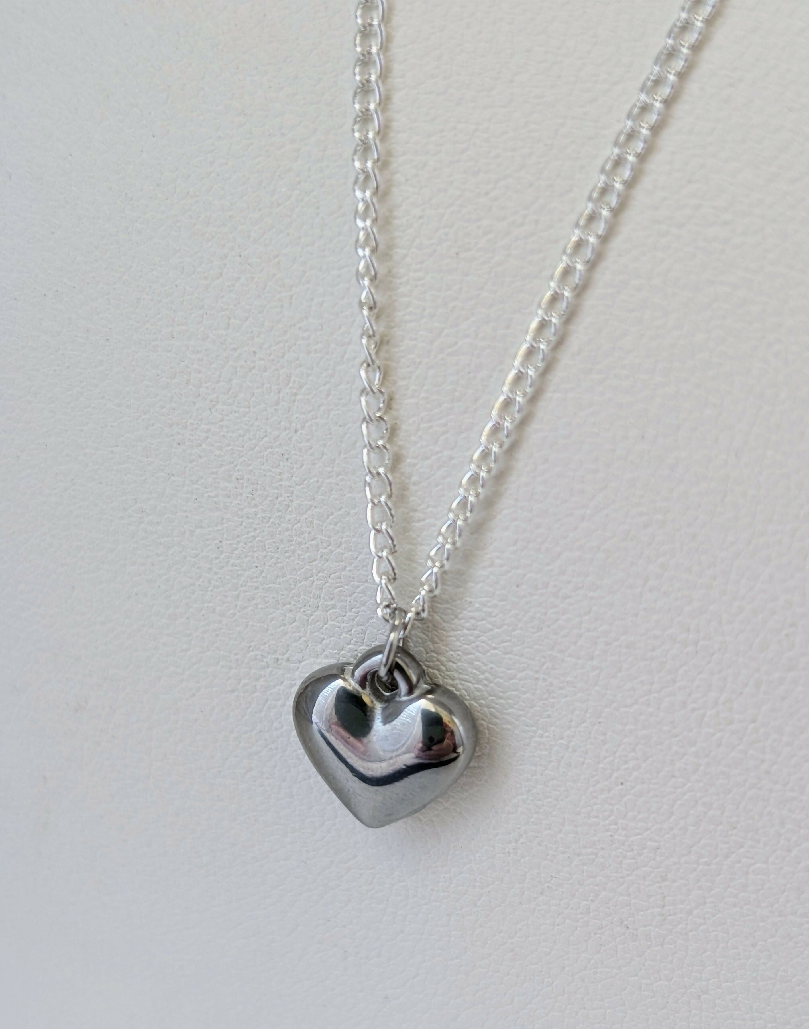Chunky Silver 3D Heart Charm Necklace on a Flat Silver Plated Chain