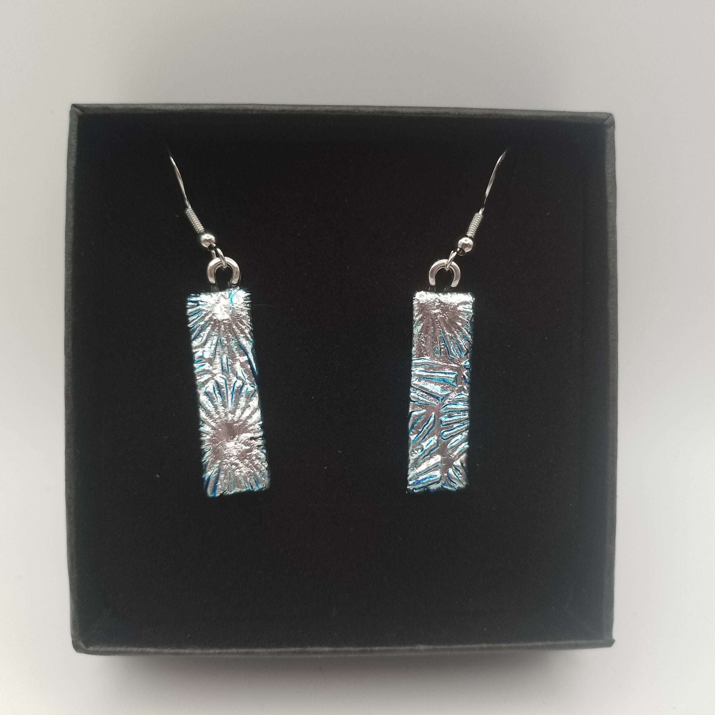 Silver and Blue Dichroic Glass Earrings