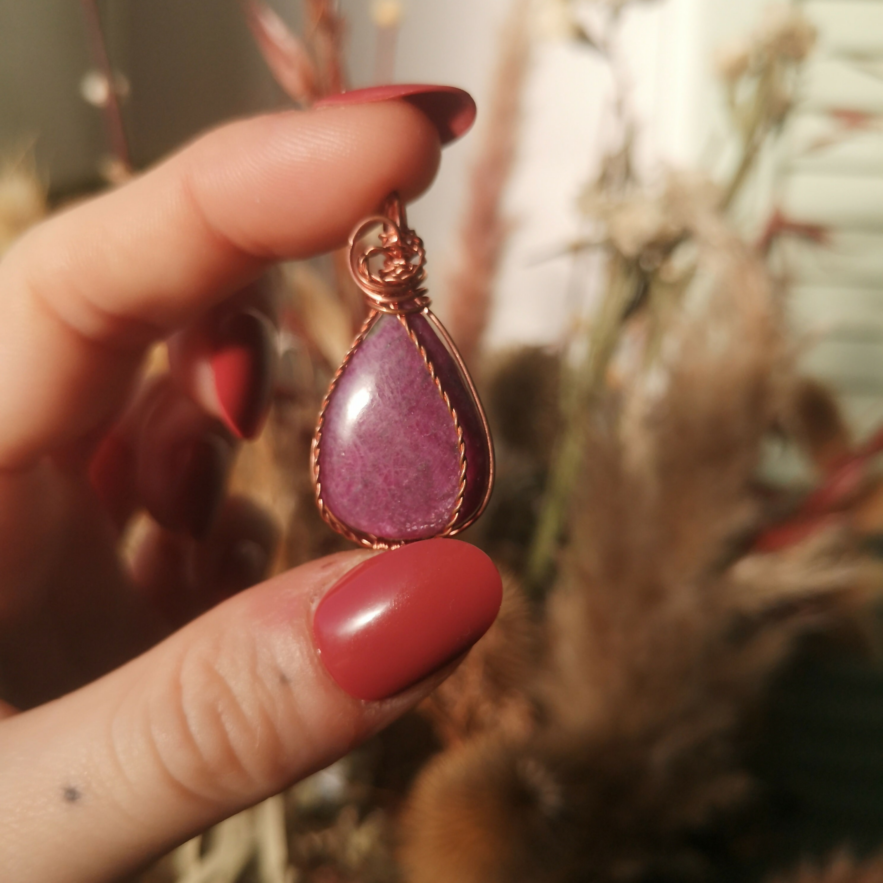 Natural Ruby & Copper Pendant with Black Cord.