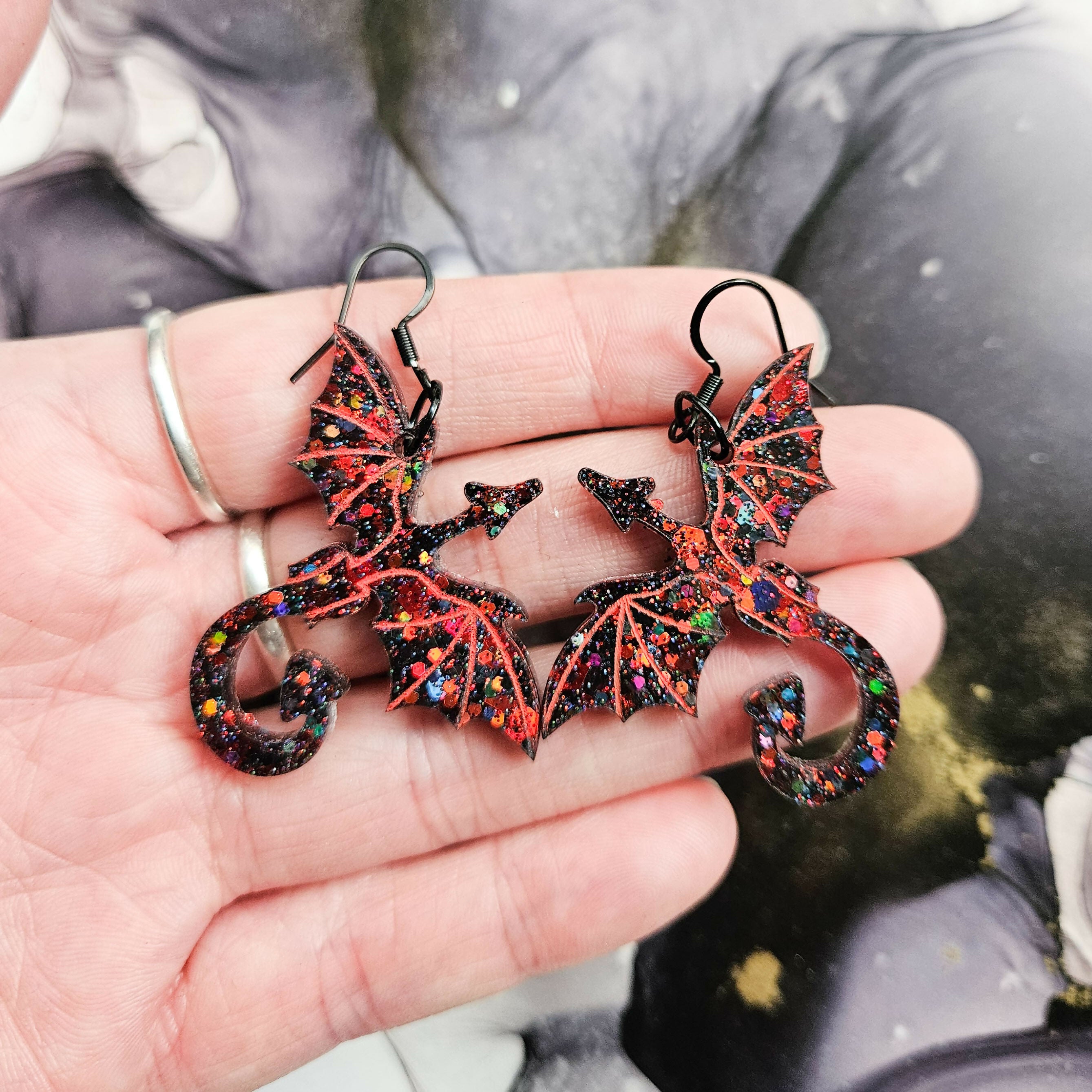 Handmade Black And Red Glitter Dragon Resin Earrings