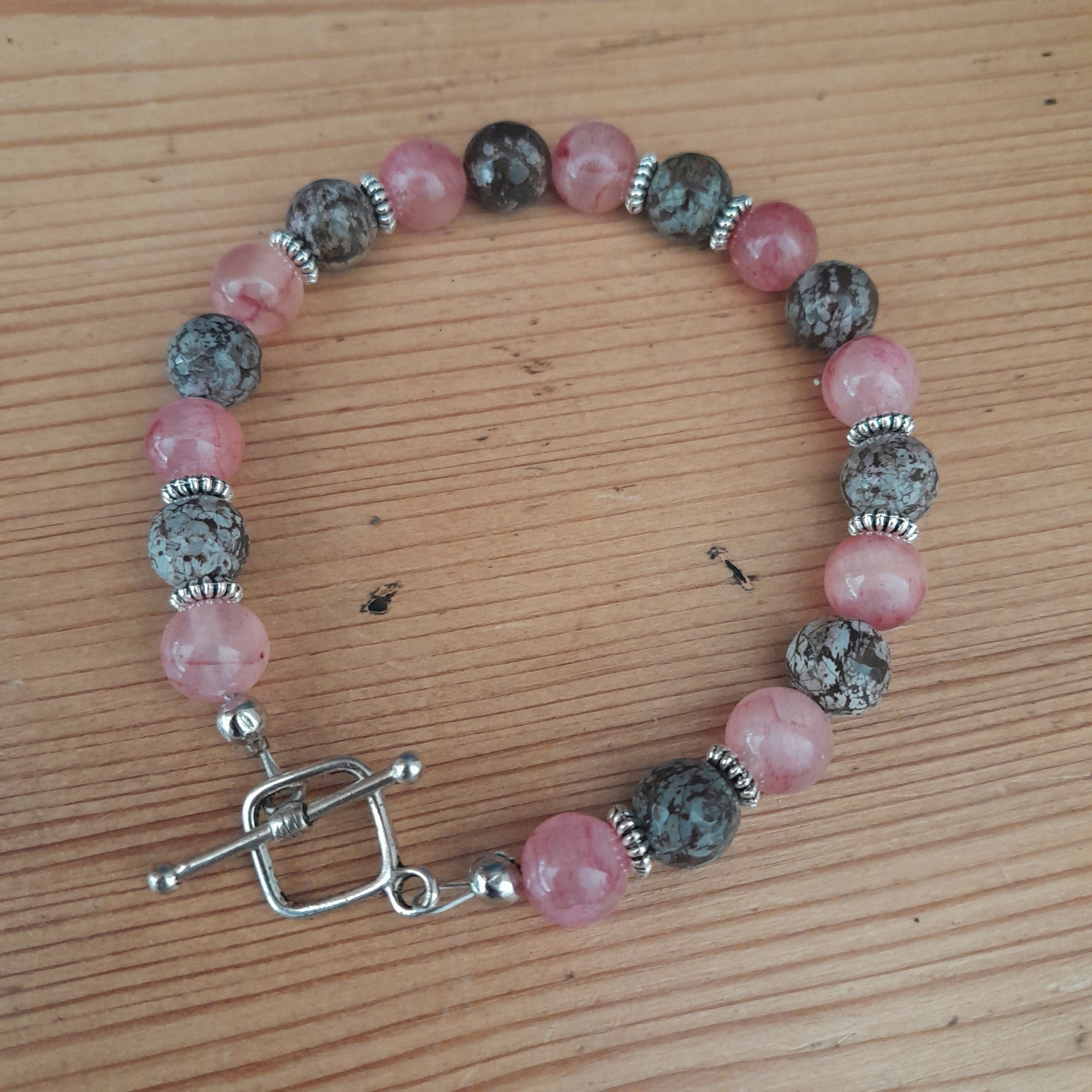 Tibetan Silver Toggle catch Bracelet with Strawberry Quartz, Tibetan Silver Beads and Coffee Snowflake Jasper.