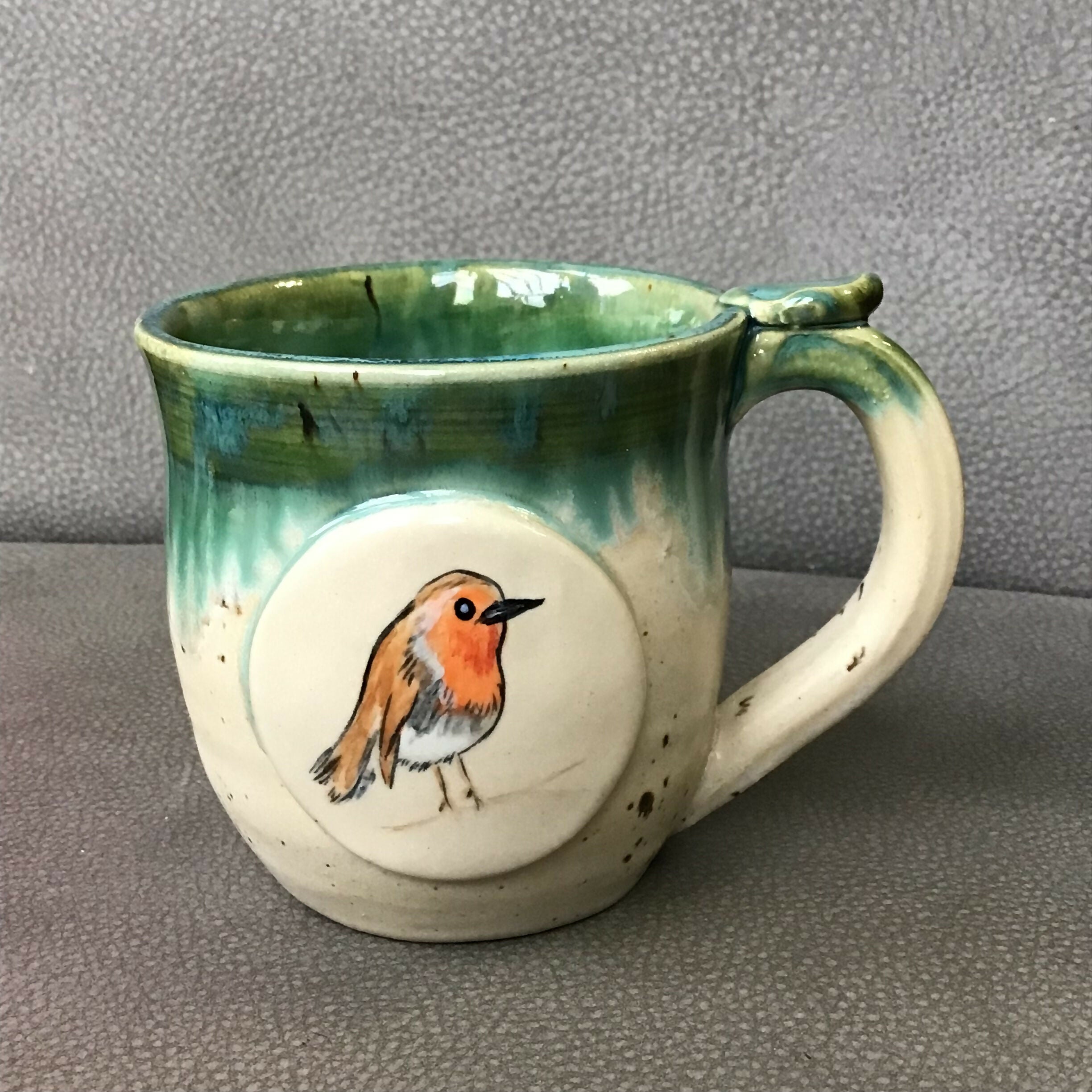 Handpainted Animal Mug Green/ cream /brown
