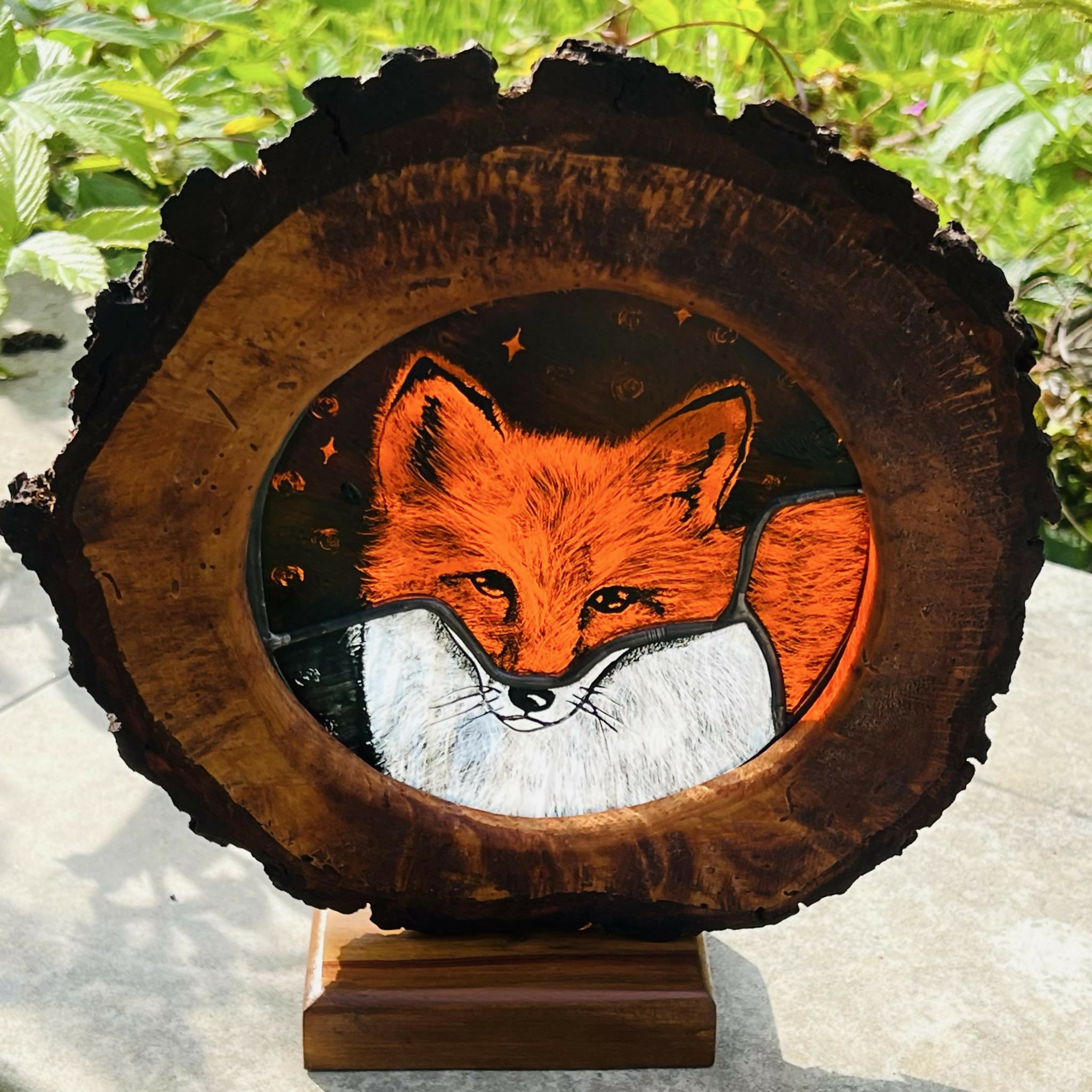 Hand Painted Stained Glass Forest Creatures in Wood Log