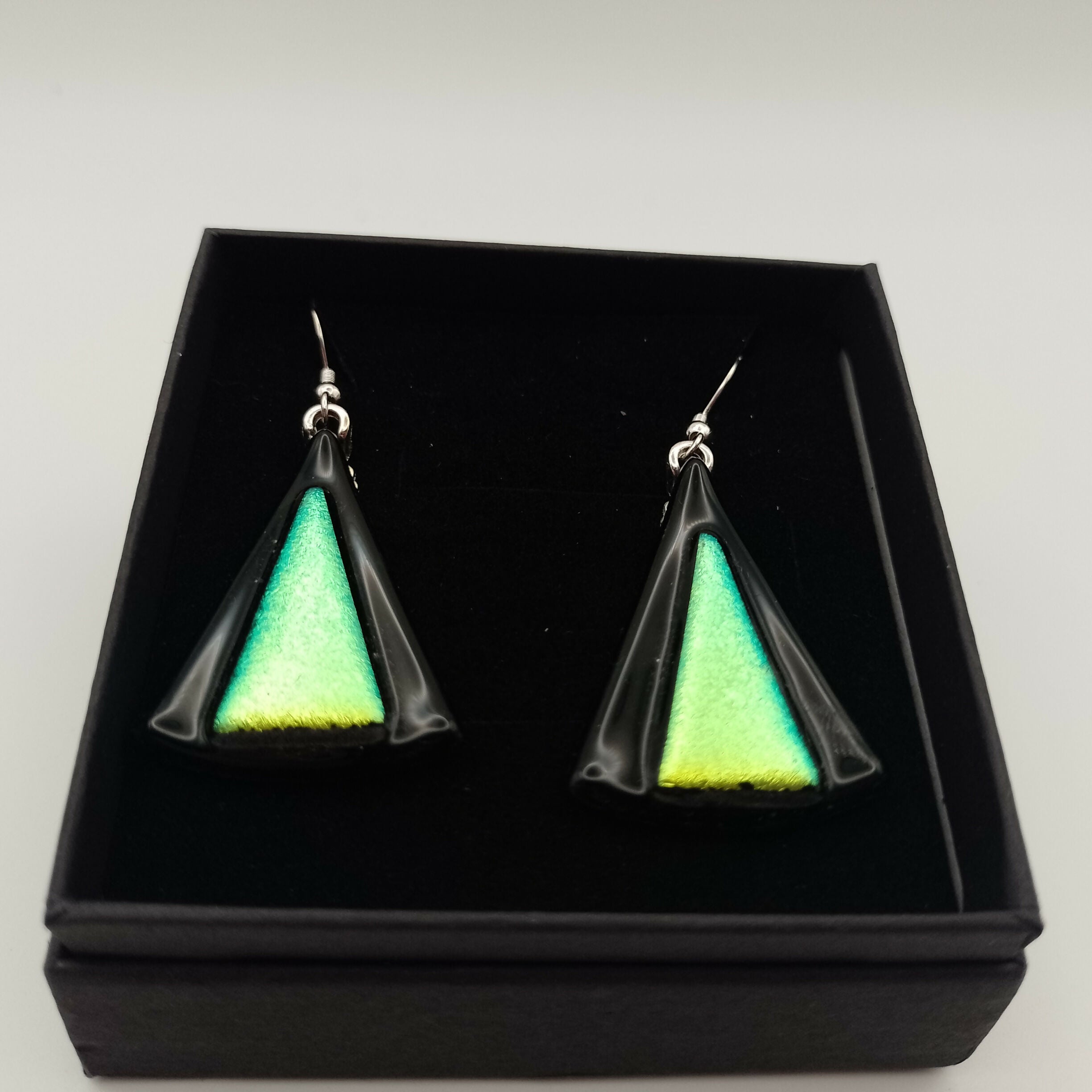 Triangular Black and Dichroic Green Earrings