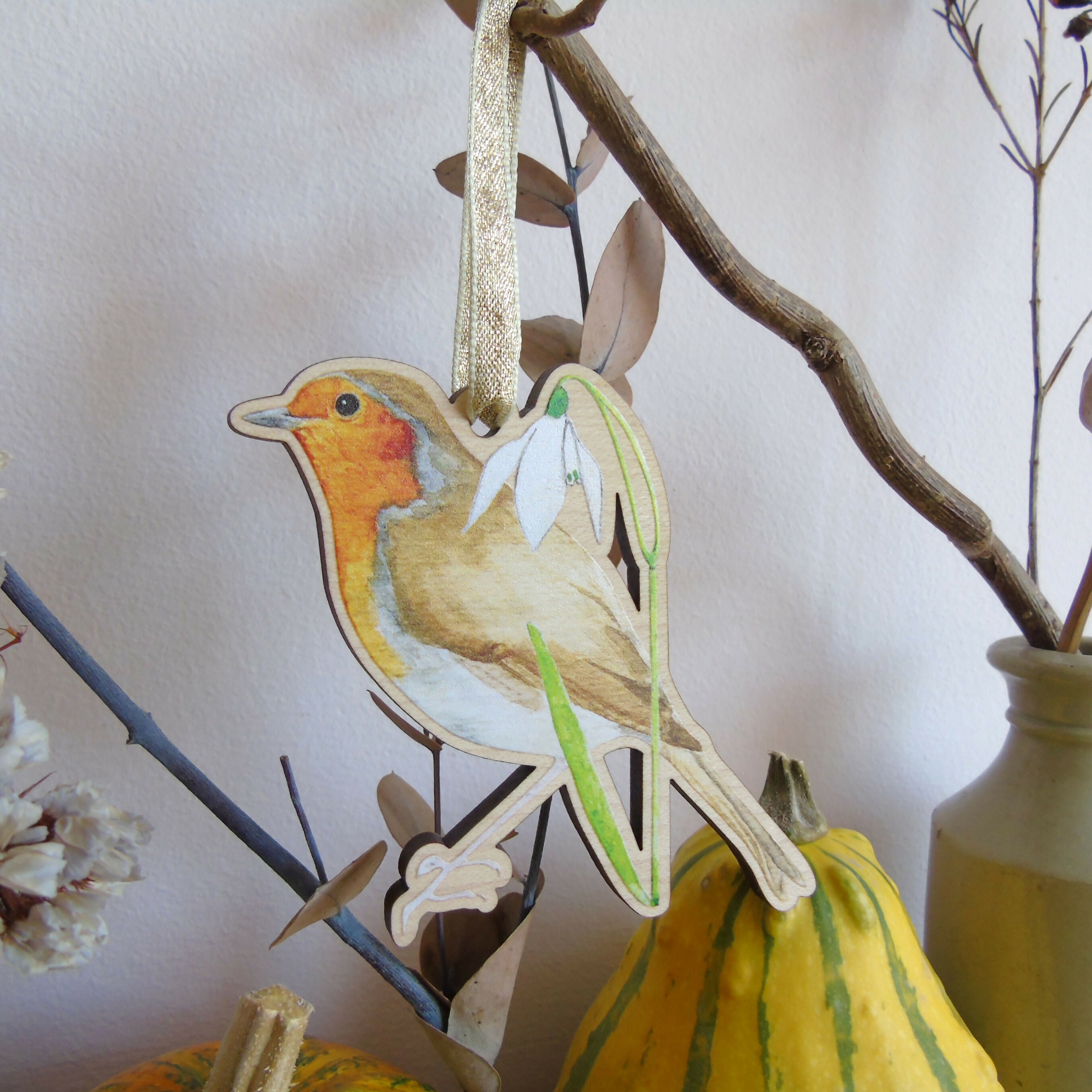 Robin and Snowdrop Hanging Wooden Decoration