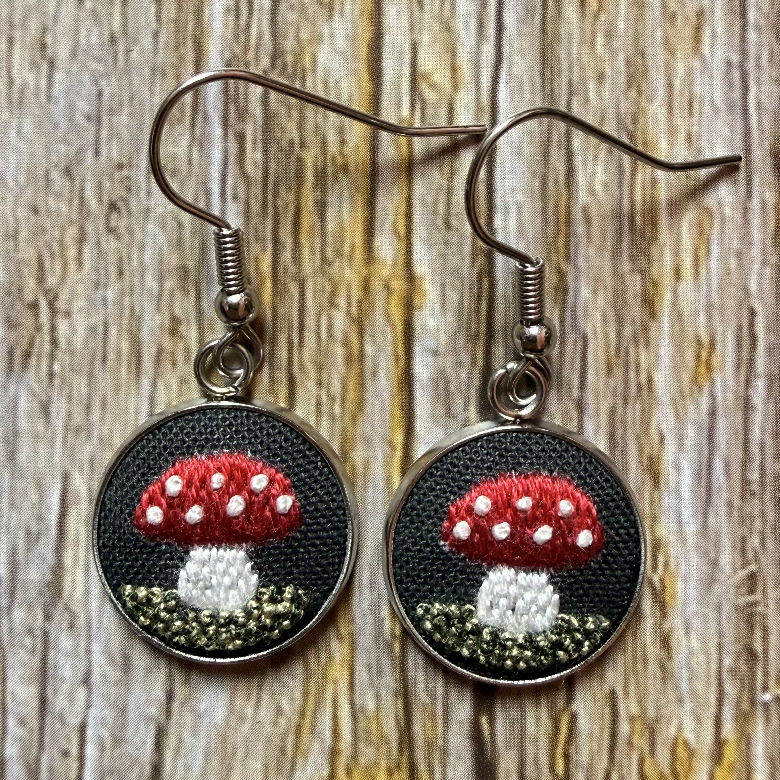 Hand Embroidered Mushroom Earrings