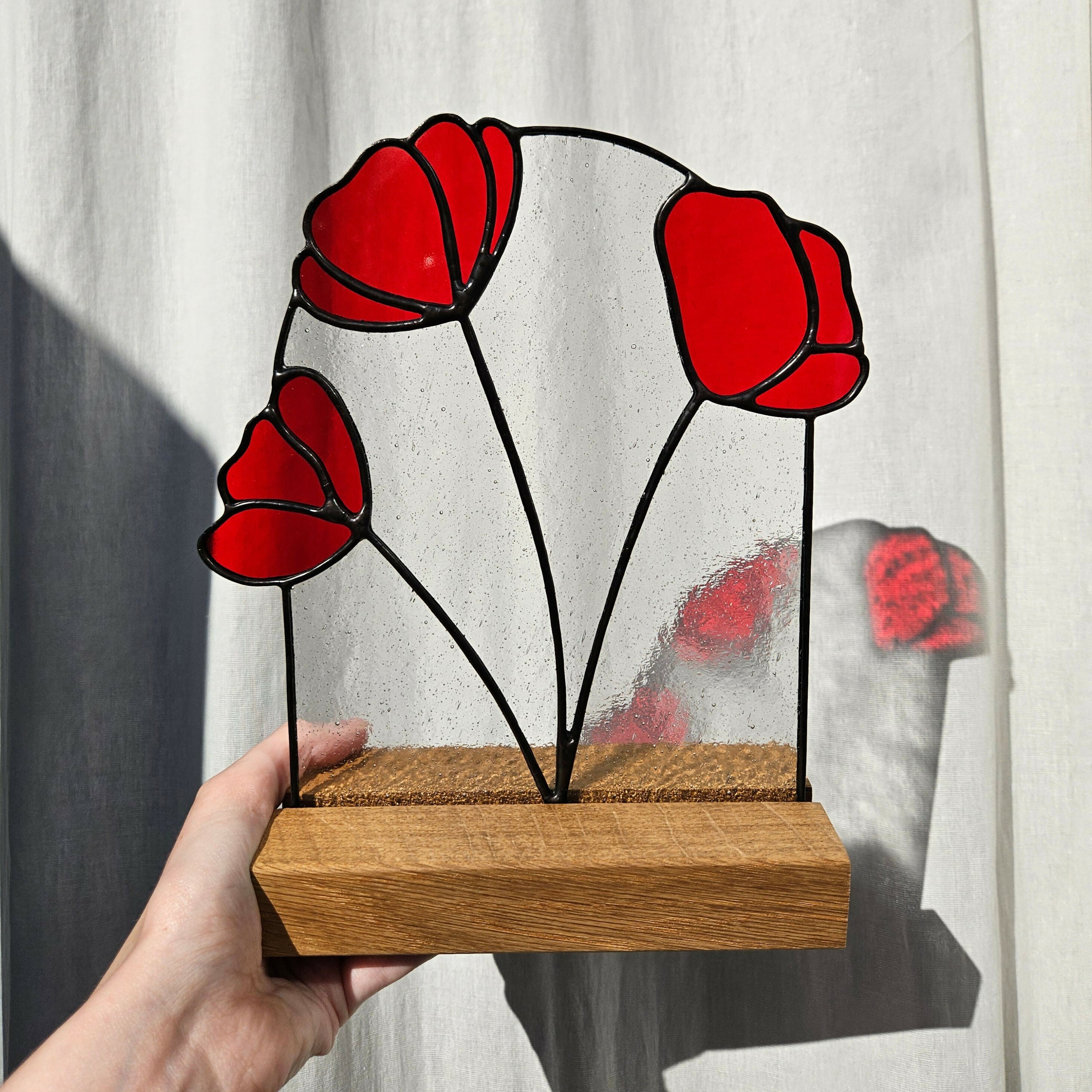 Red Poppy Stained Glass Panel with Solid Oak Stand