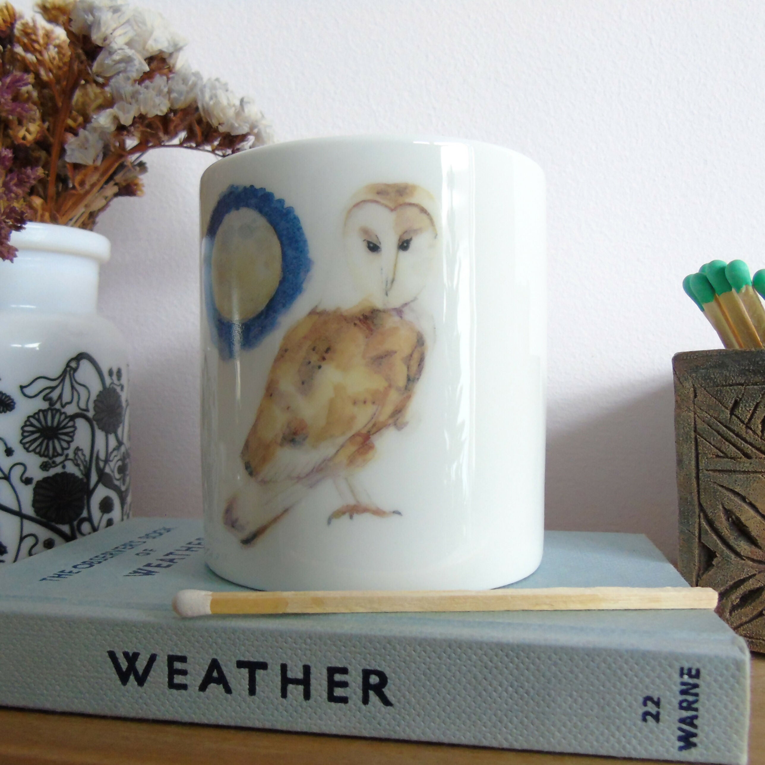 Barn owl and Moon Bone China Candle Holder
