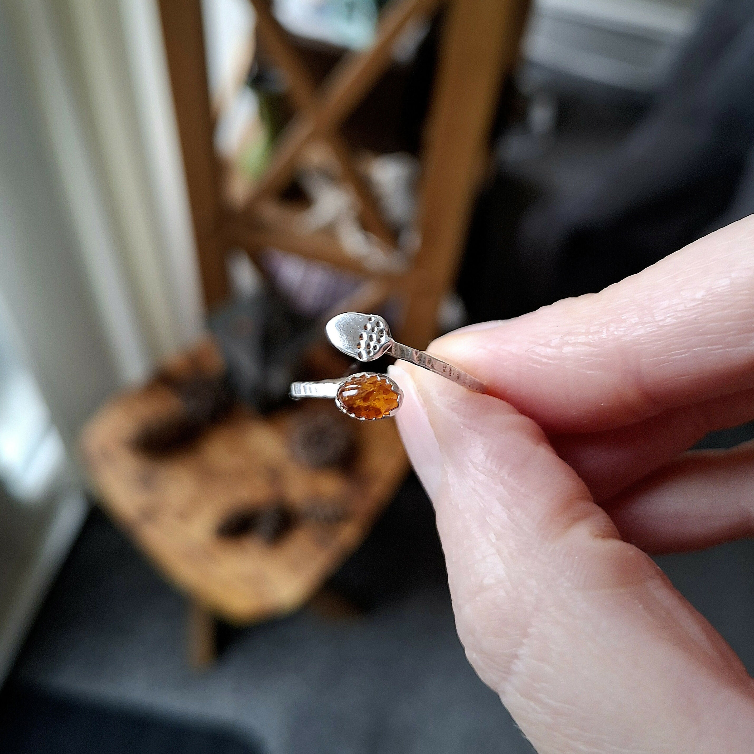 Handmade Adjustable Silver Acorn Ring With Amber, Size R