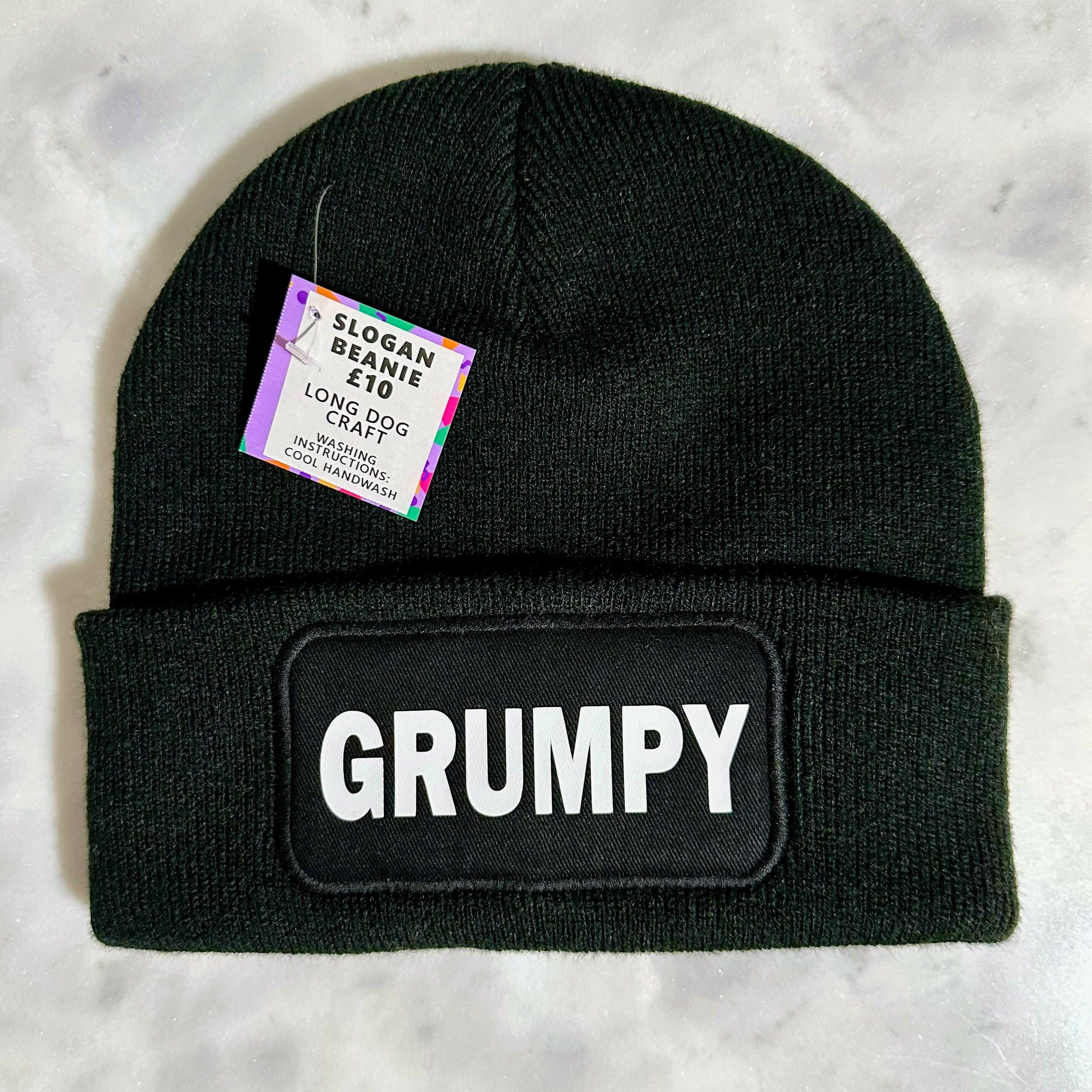 Grumpy Cuffed Rectangular Patch Beanie Hat