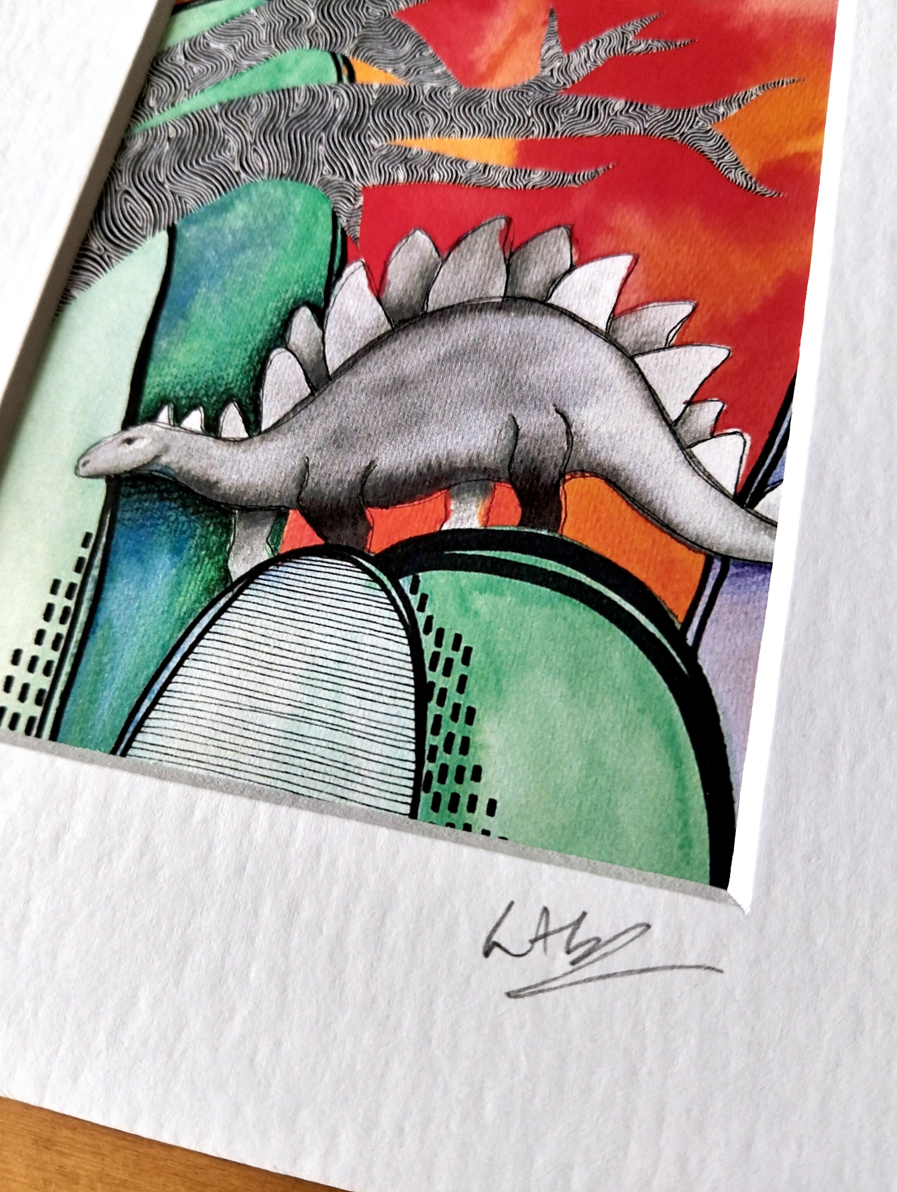 Signed Stegosaurus Watercolour Mini Art Print | Abstract Landscape