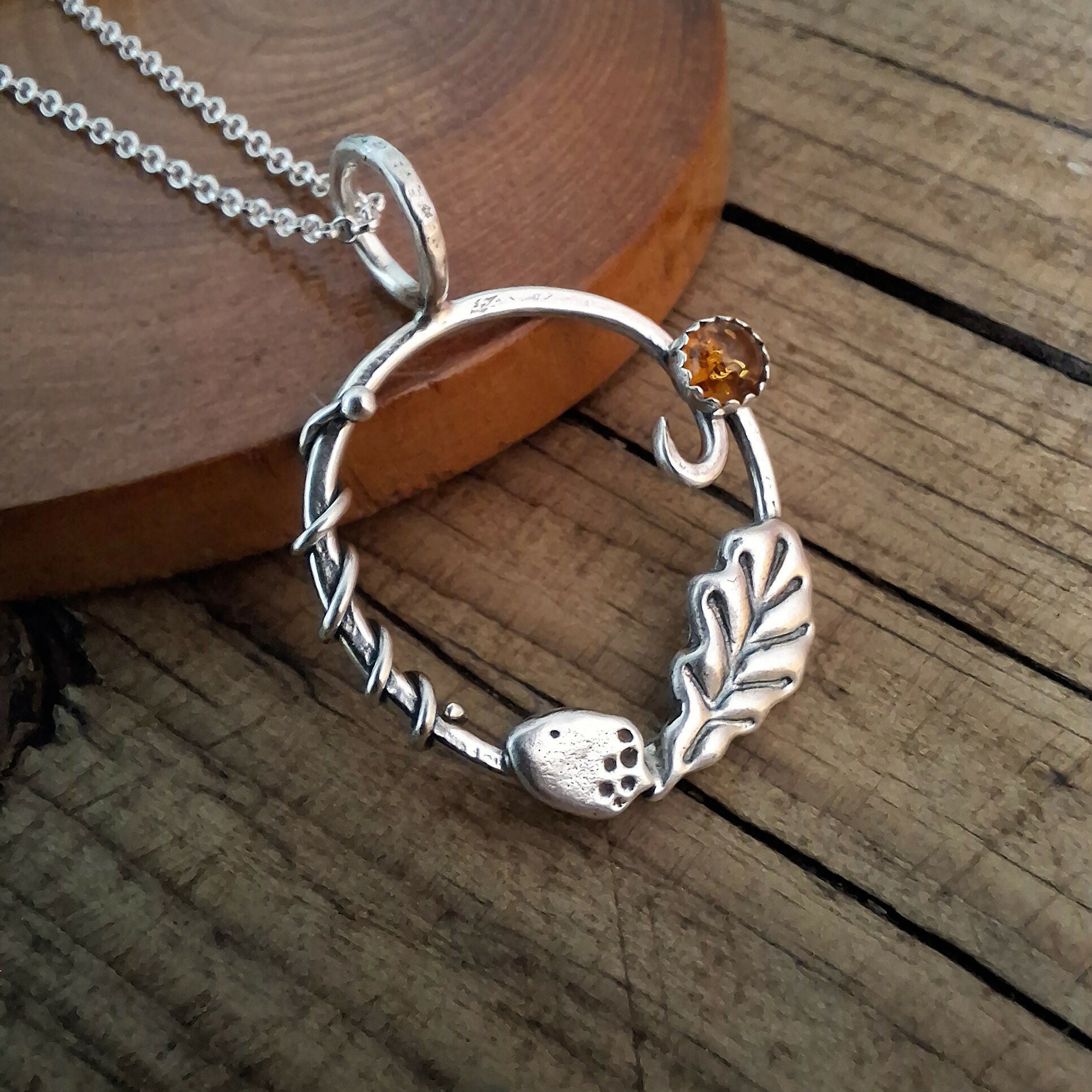 Handmade Silver Acorn And Oak Leaf Wreath Necklace