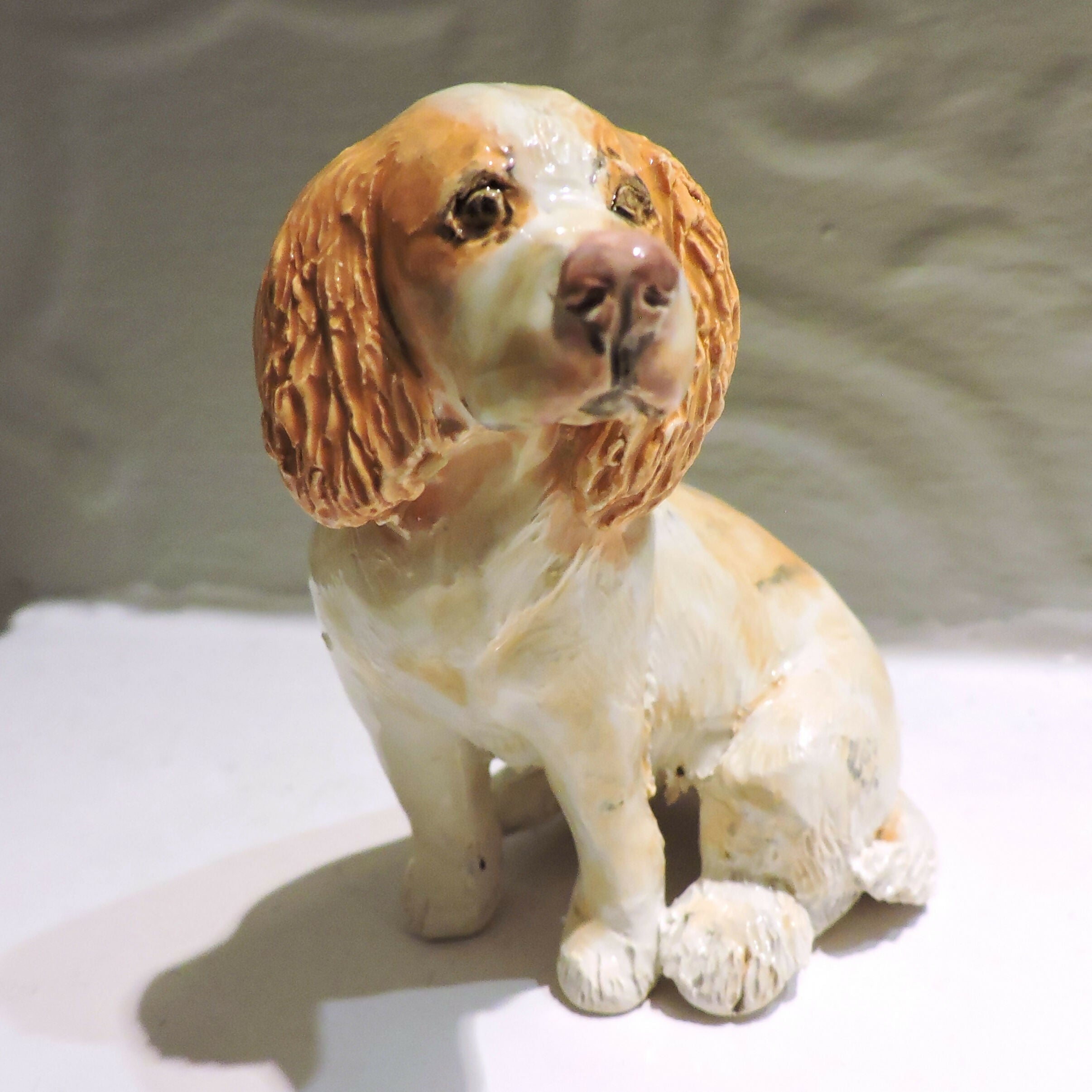 Ceramic Cocker Spaniel sculpture, Golden and white