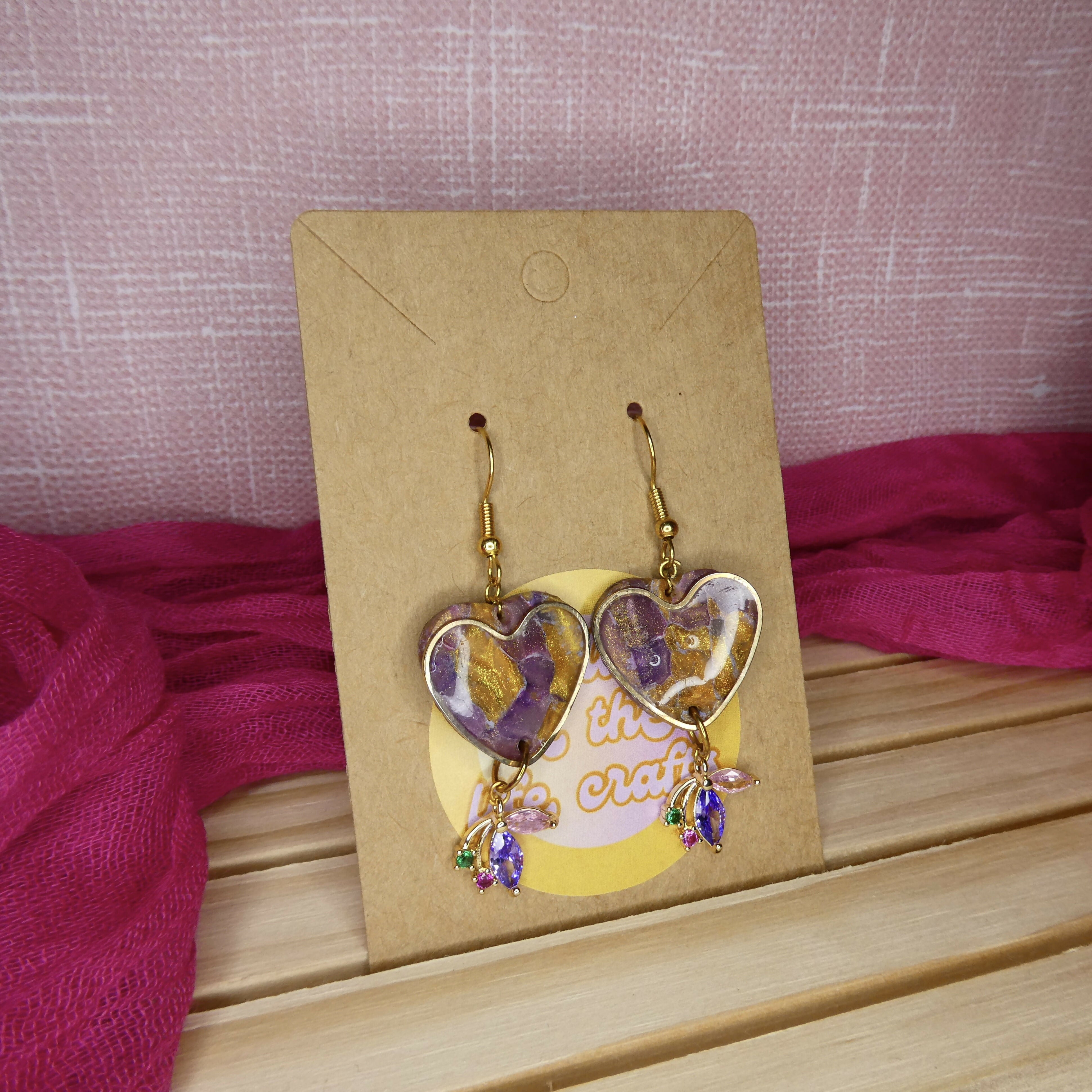Purple And Gold Shimmer Heart Dangle Polymer Clay Earrings With Gold Multicoloured Charm