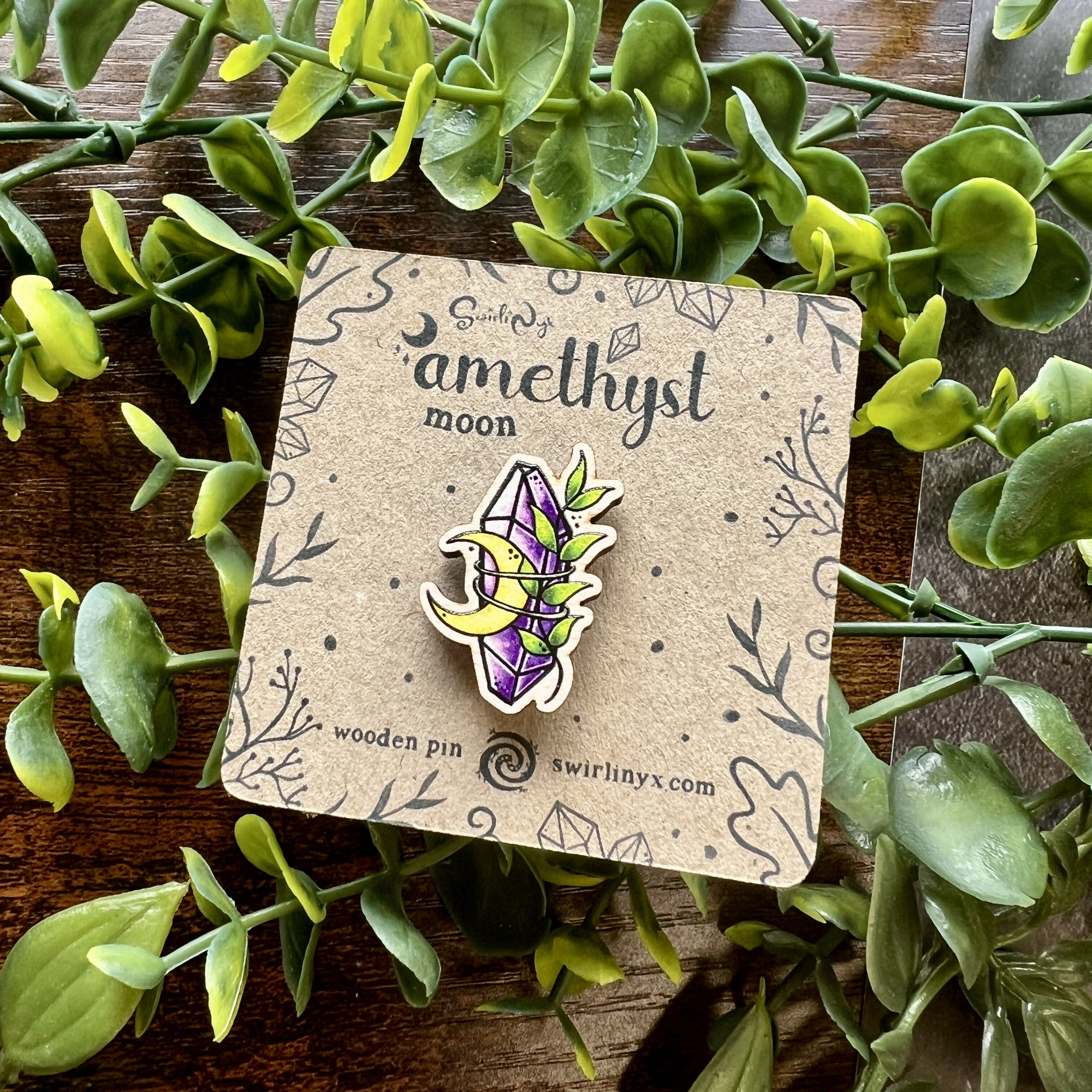 Amethyst Moon Wooden Pin – Rustic Crystal Design | Art & Soul