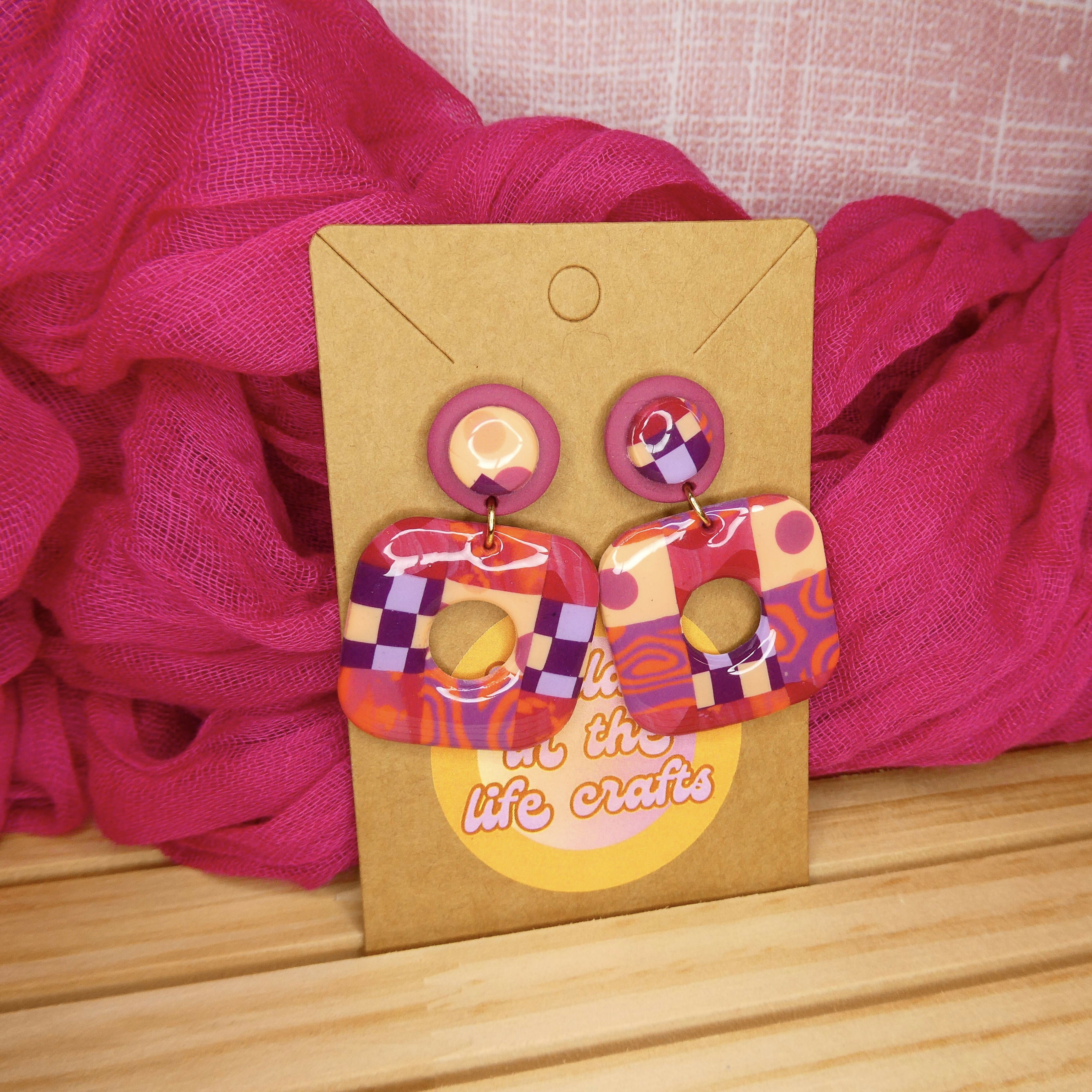 Pink Patchwork Square Polymer Clay Earrings