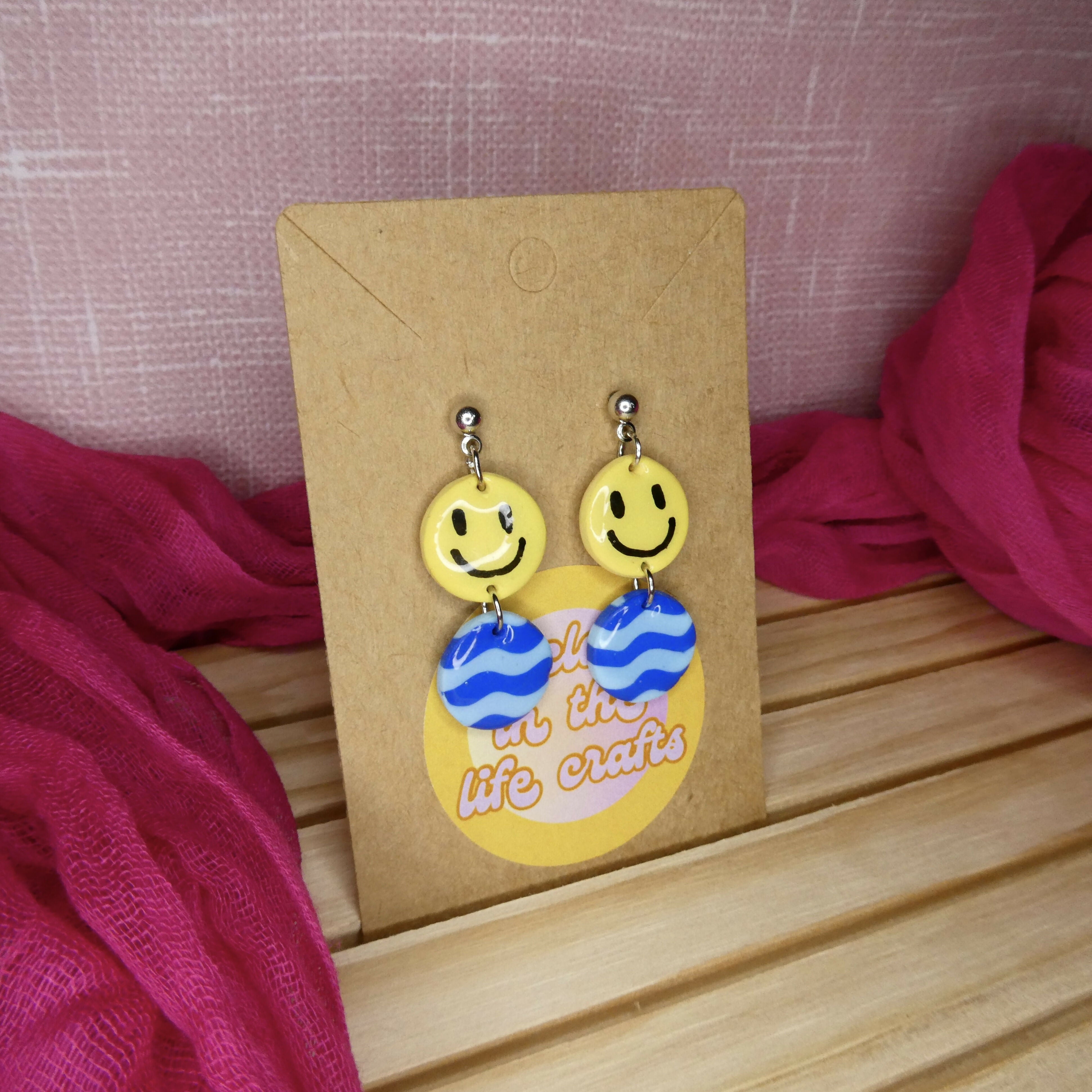 Wavy Blue Circle Polymer Clay Earrings With Smiley