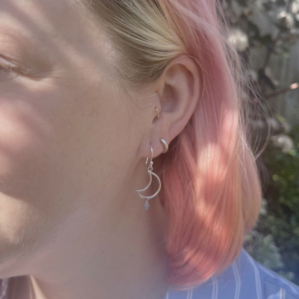 Sterling Silver Crescent With Moss Aquamarine Earrings