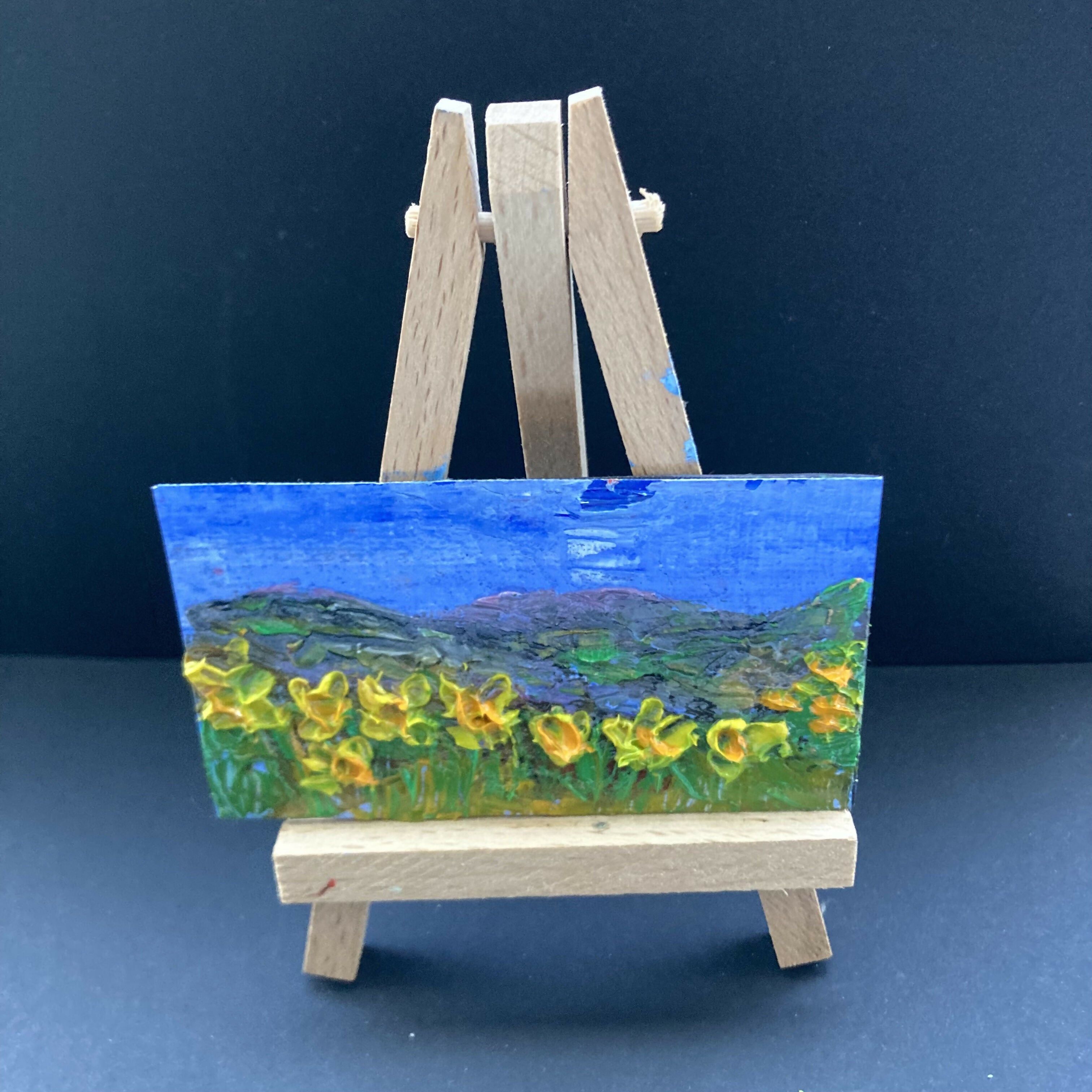 Daffodils by stone wall Mini Oil Painting Canvas Fridge Magnet