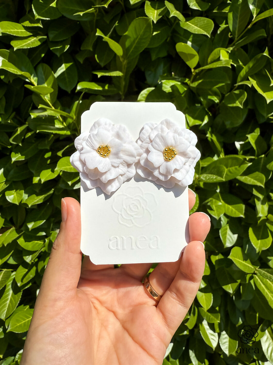 Large Floral Statement Earrings with Gold Bead Centre in White