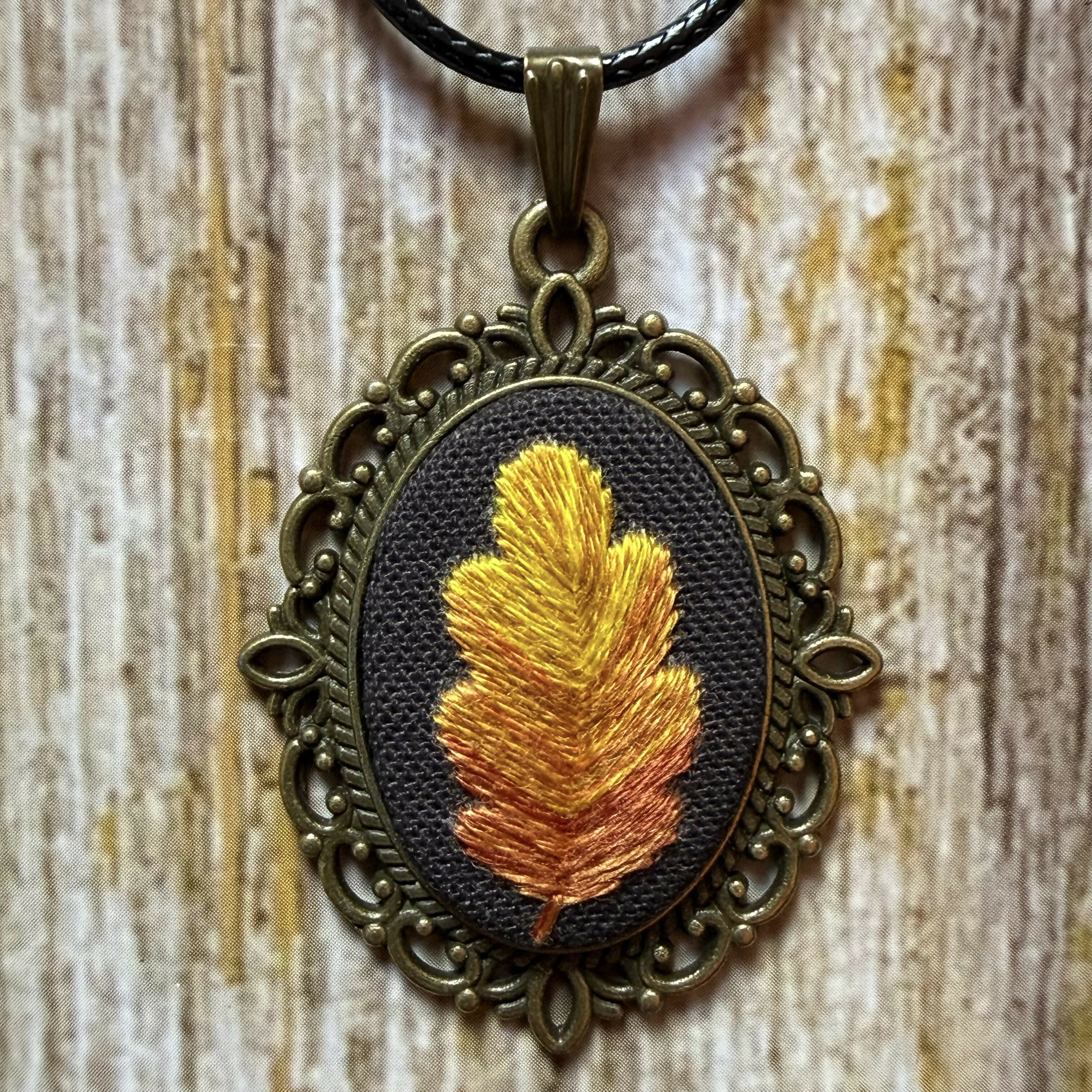 Autumnal Oak Leaf Hand Embroidered Necklace