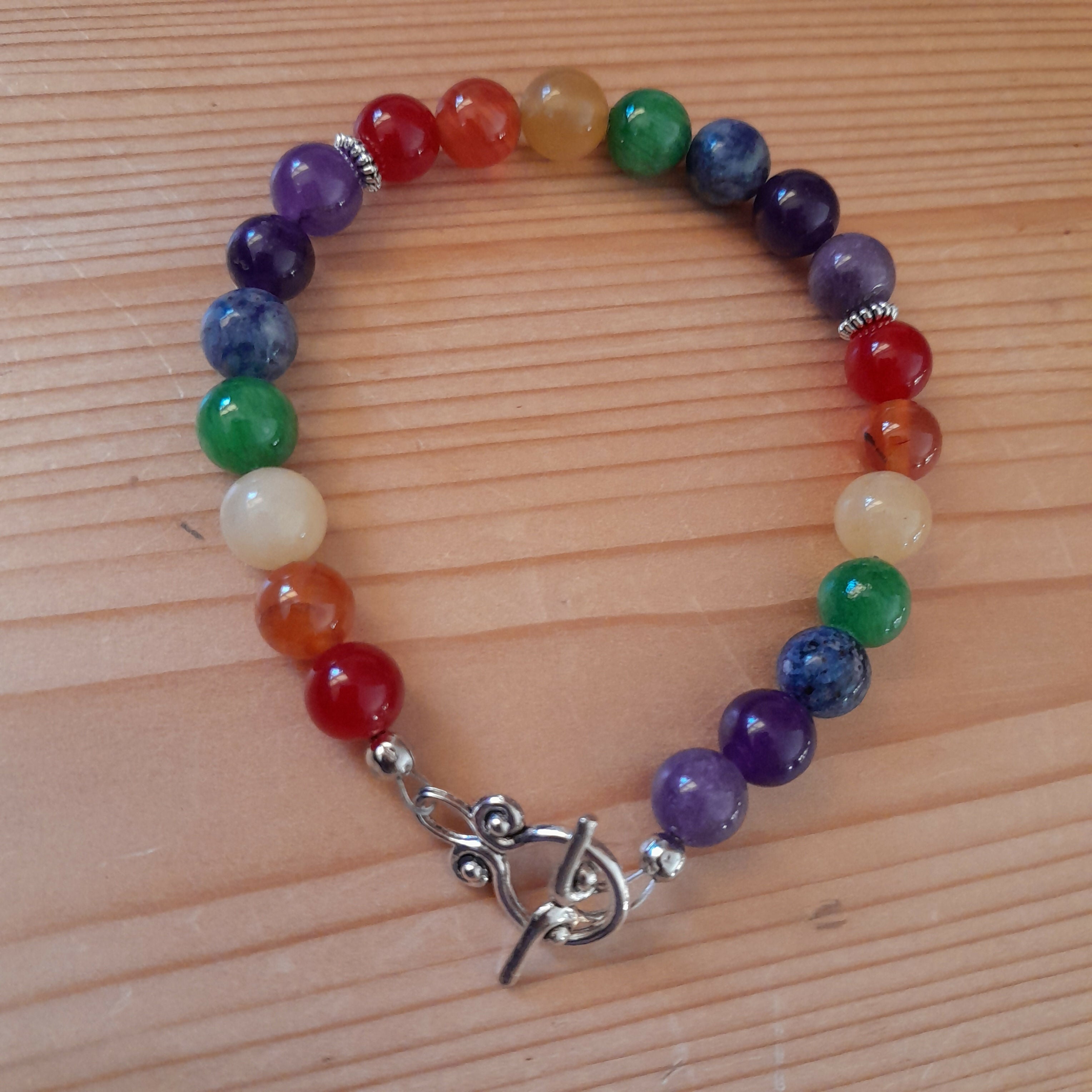 Tibetan Silver Toggle Catch Rainbow Bracelet with Chalcedony, Carnelian, Jade, Agate, Jasper & Amethyst.