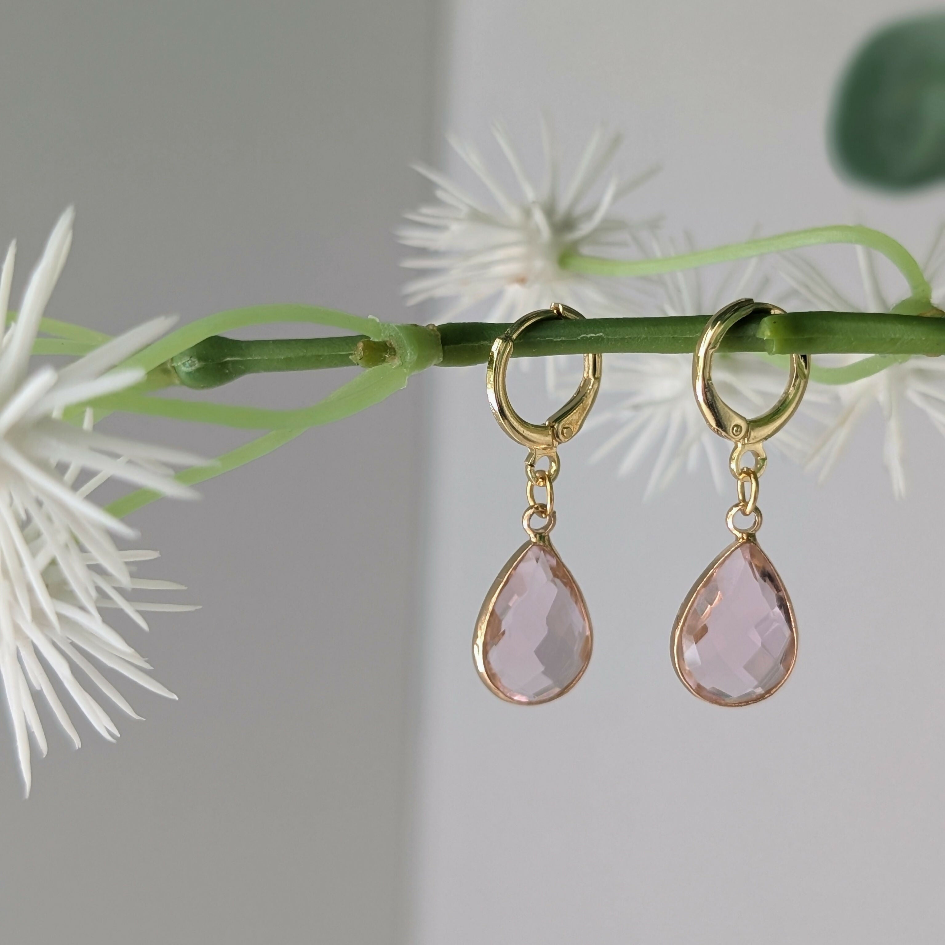 Powder Pink Faceted Crystal Teardop Gold Plated Huggie Earrings