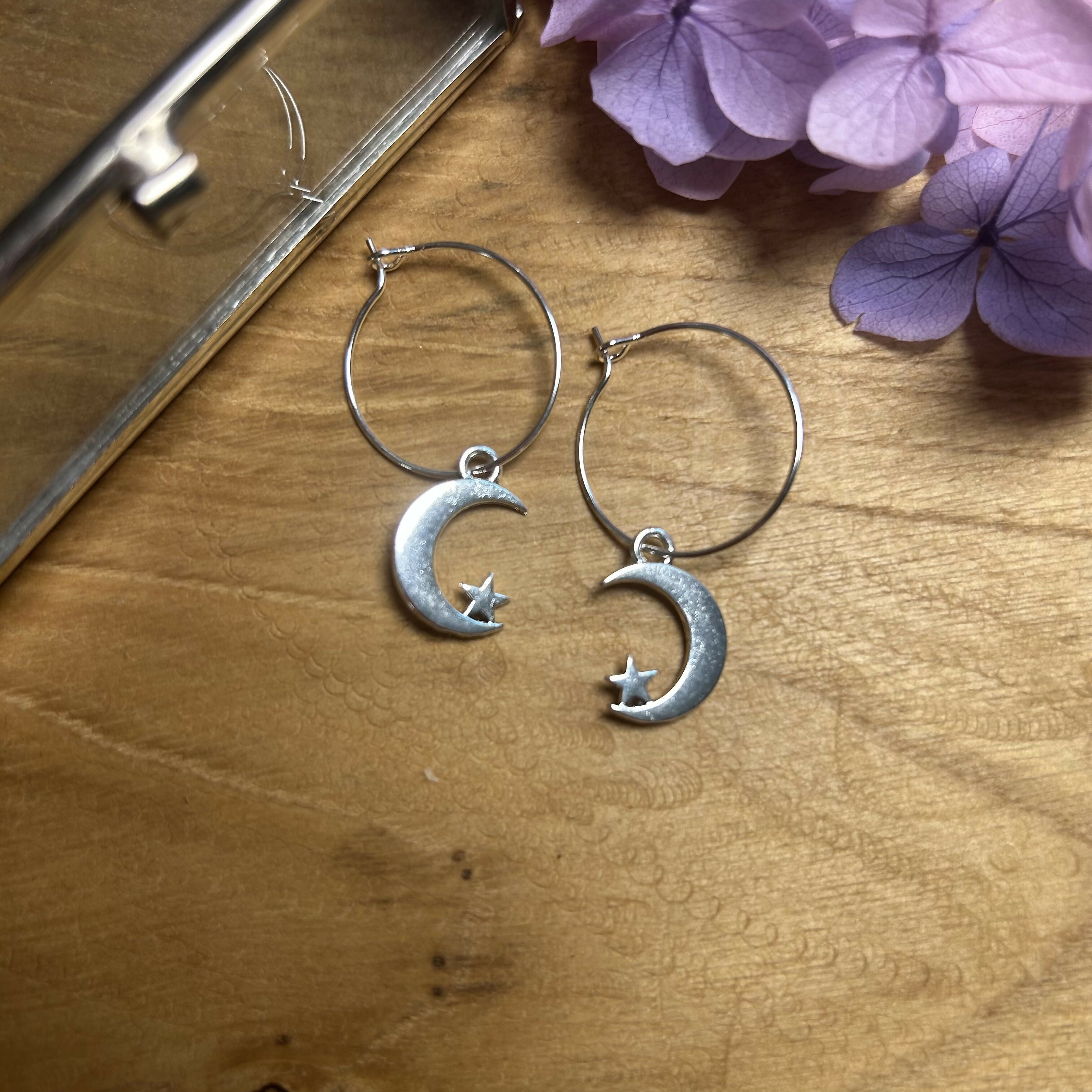 Lovely Moon & Star Charm Hoops