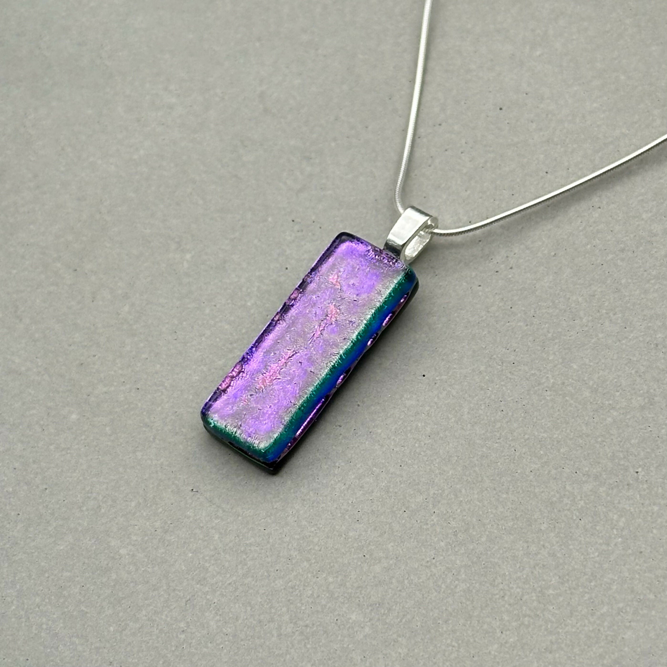 Purple Dichroic Fused Glass Pendant with Silver Plated Chain - Handmade by Jade Tapson Glass.
