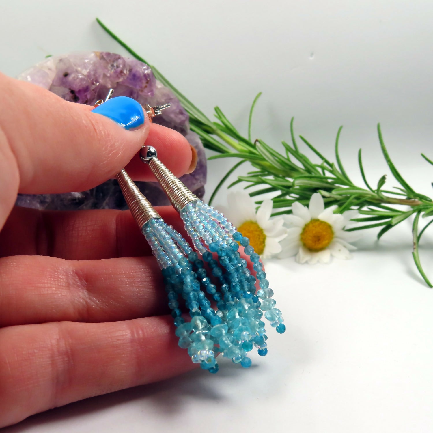 Apatite and blue Seed Bead silver coloured tassle "Silver Beach" Earrings, sterling silver post & butterfly