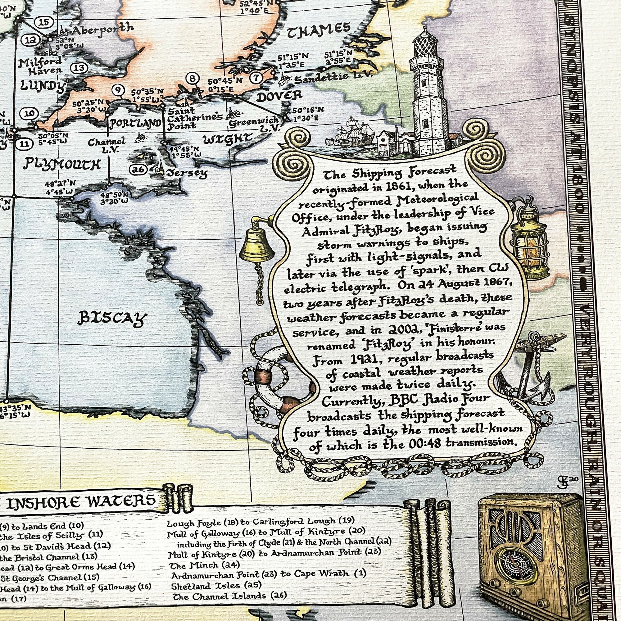 Watercolour Shipping Forecast Map Hand Drawn Art Print