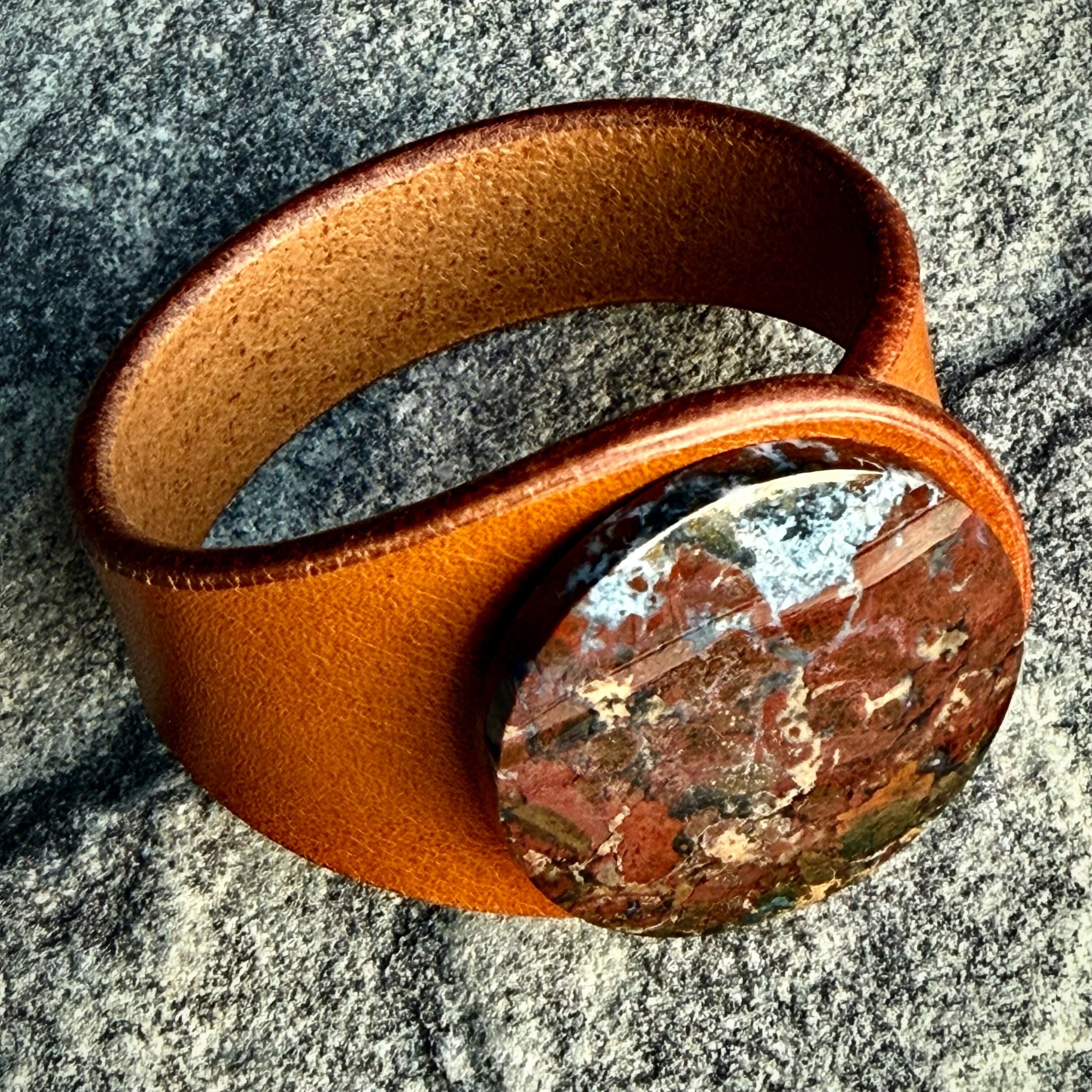 Handcrafted Natural Leather & Indonesian Jasper Gemstone Bracelet - Size S or M