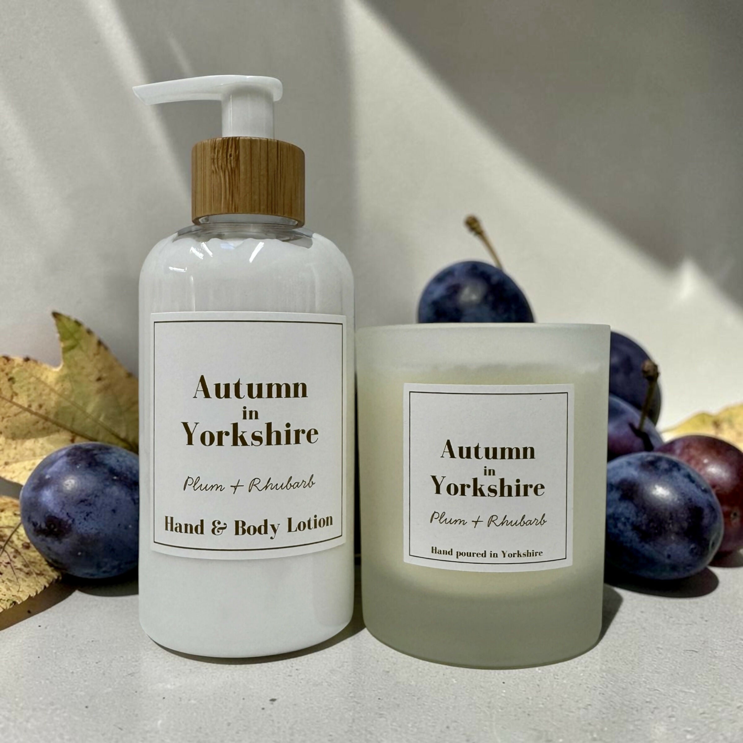 Autumn in Yorkshire Gift Set - Plum and Rhubarb Candle and Hand and Body Lotion