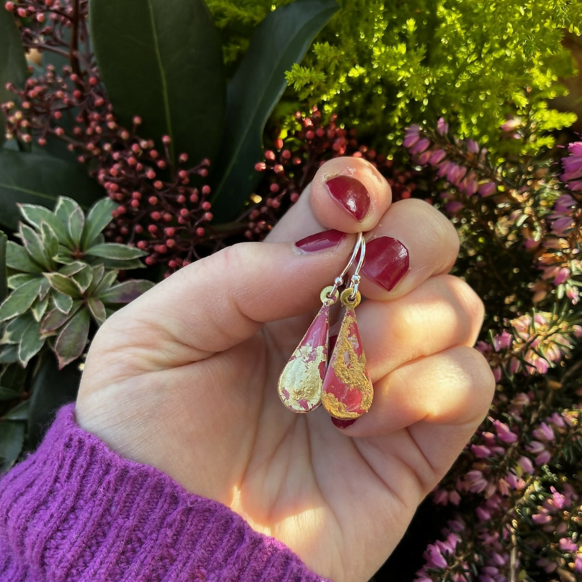 Pink And Gold Leaf Marbled Effect Dangle Earrings On Sterling Silver Hooks