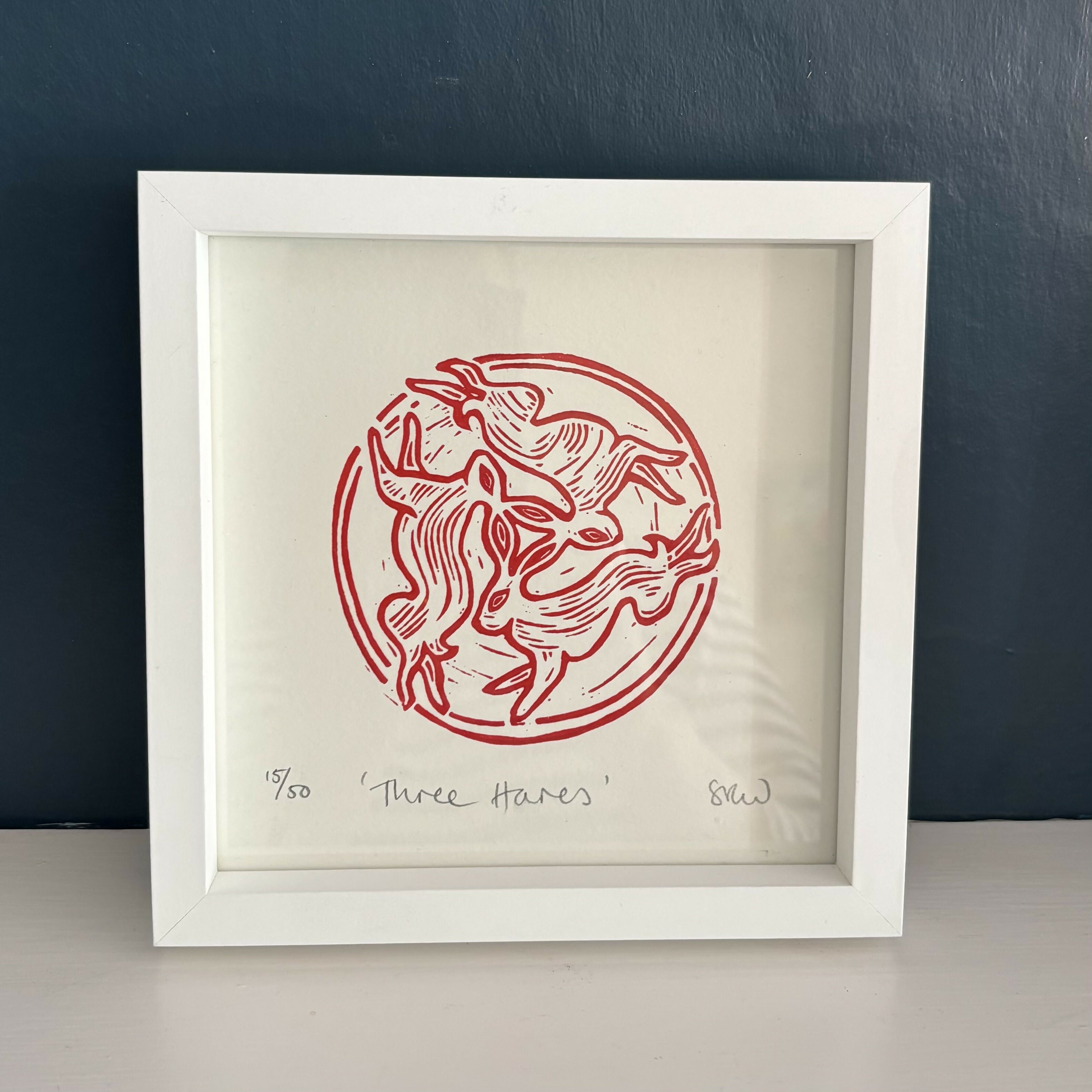 Three Hares Framed Lino Cut Print