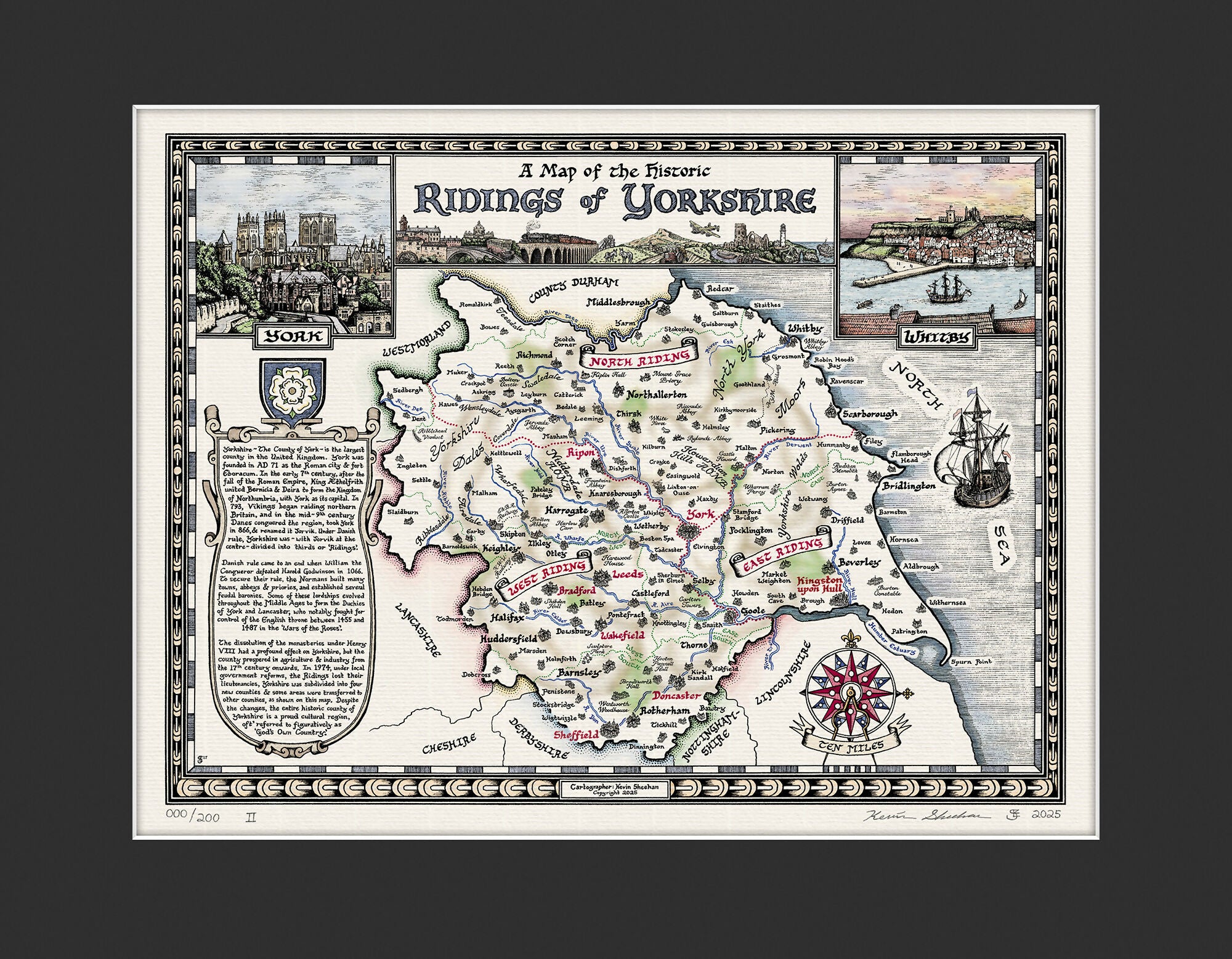 Yorkshire Ridings Map Hand Drawn Fine Art Print